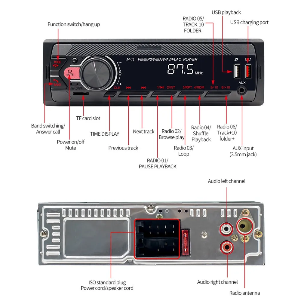 1 Din Car Radio Stereo Bluetooth Receiver Fast Charging Jack