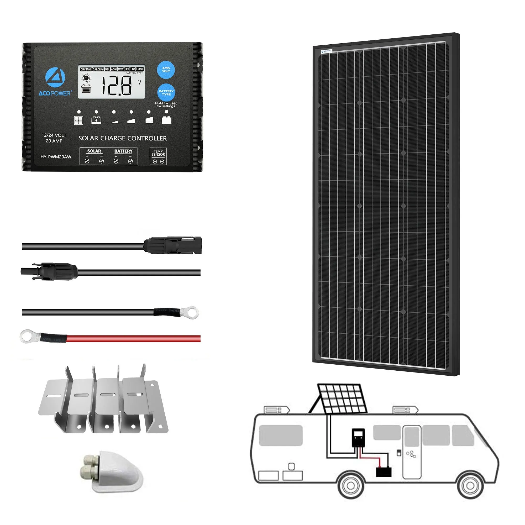 200W 12V Monocrystalline Solar RV Kit 20A PWM Charge Controller (1x200W 20A Kit)