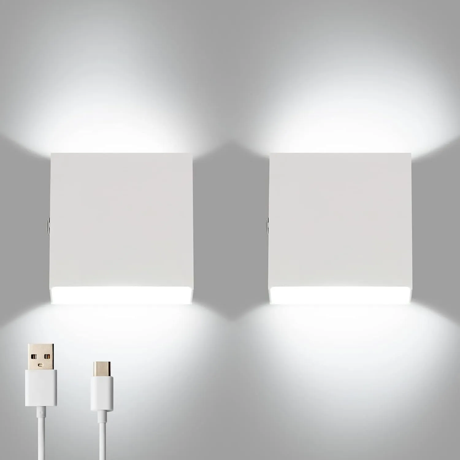2Pcs Wall Light Dimmable Touch Up Down Wall Light Rechargeable Up and Down Modern Wall Lamp Sconce Lighting White Aluminum Indoor for Living Room Bedroom Balcony Hallway Cold White