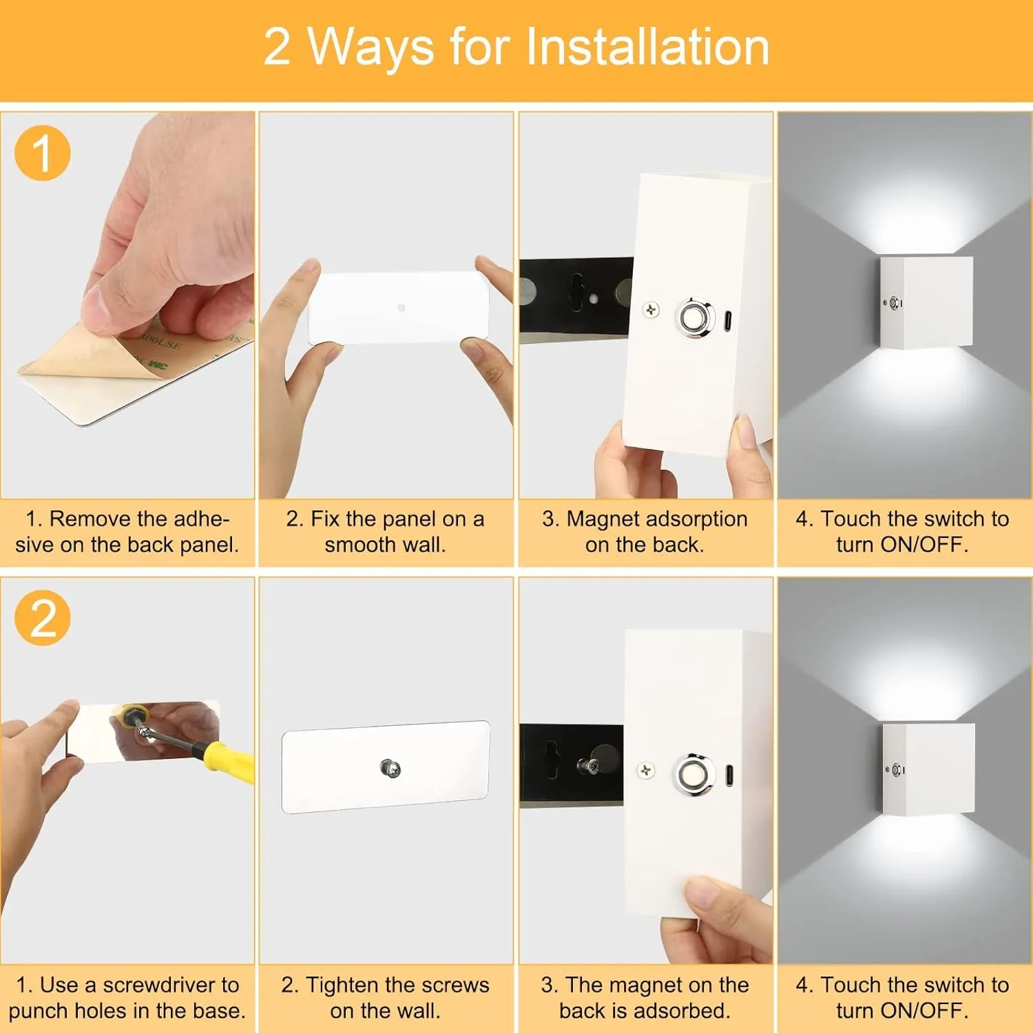 2Pcs Wall Light Dimmable Touch Up Down Wall Light Rechargeable Up and Down Modern Wall Lamp Sconce Lighting White Aluminum Indoor for Living Room Bedroom Balcony Hallway Cold White