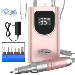 35000RPM Professional Nail Drill Machine, Kredioo Pro Electric Drill for Acrylic Nails Rechargeable Portable with 6 Bits, Sanding Bands, Cordless Efile for Gels Manicure Salon-PINK