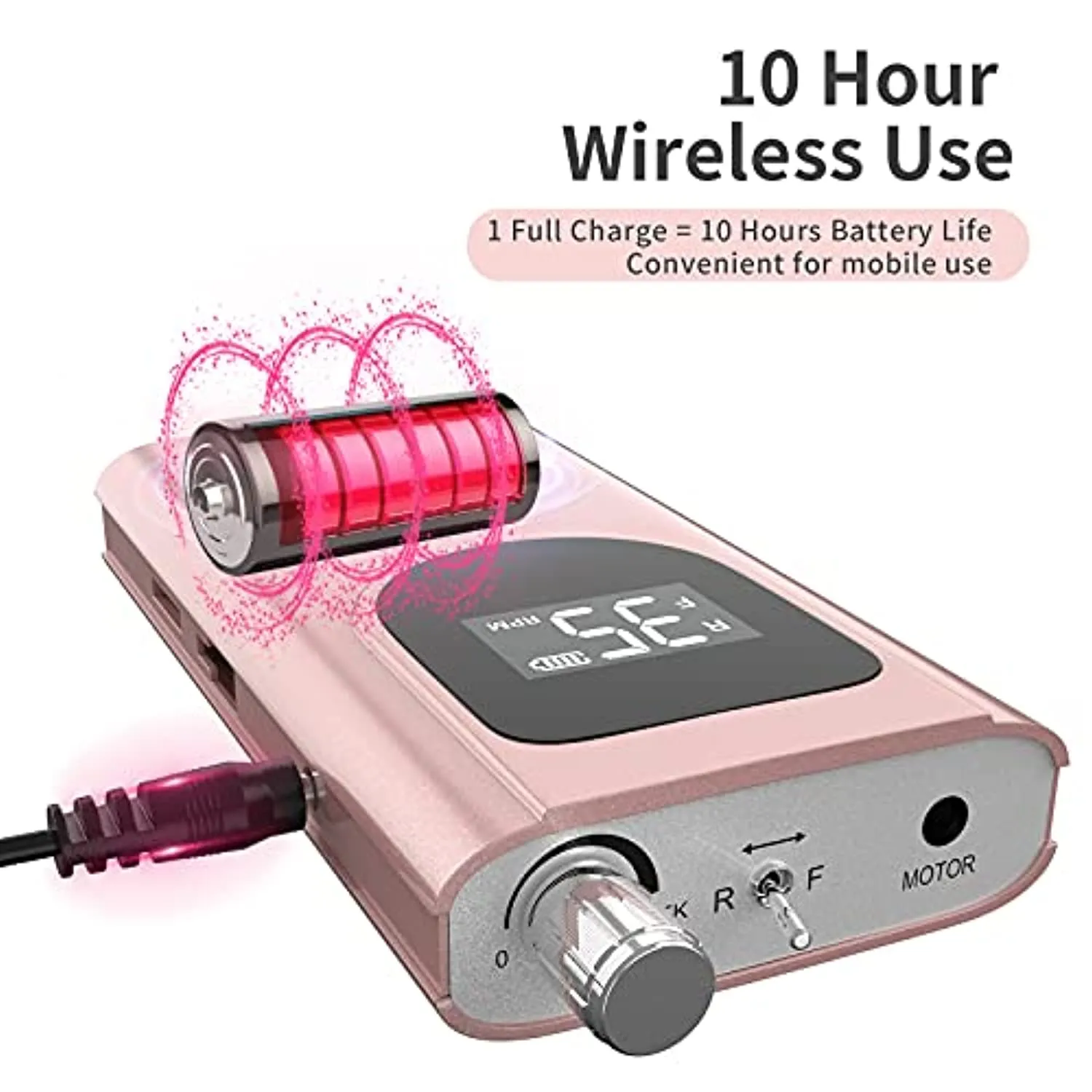 35000RPM Professional Nail Drill Machine, Kredioo Pro Electric Drill for Acrylic Nails Rechargeable Portable with 6 Bits, Sanding Bands, Cordless Efile for Gels Manicure Salon-PINK