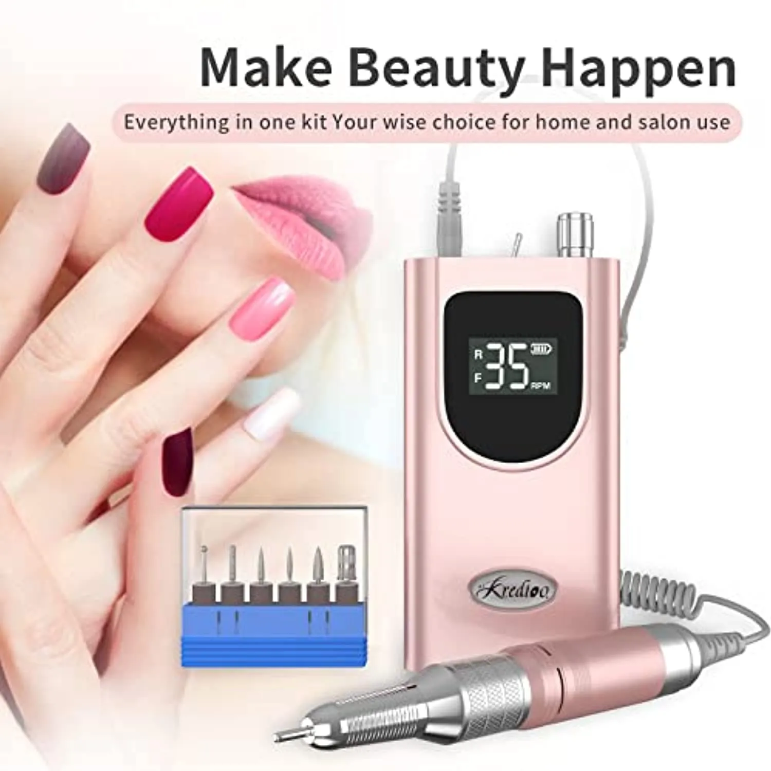 35000RPM Professional Nail Drill Machine, Kredioo Pro Electric Drill for Acrylic Nails Rechargeable Portable with 6 Bits, Sanding Bands, Cordless Efile for Gels Manicure Salon-PINK