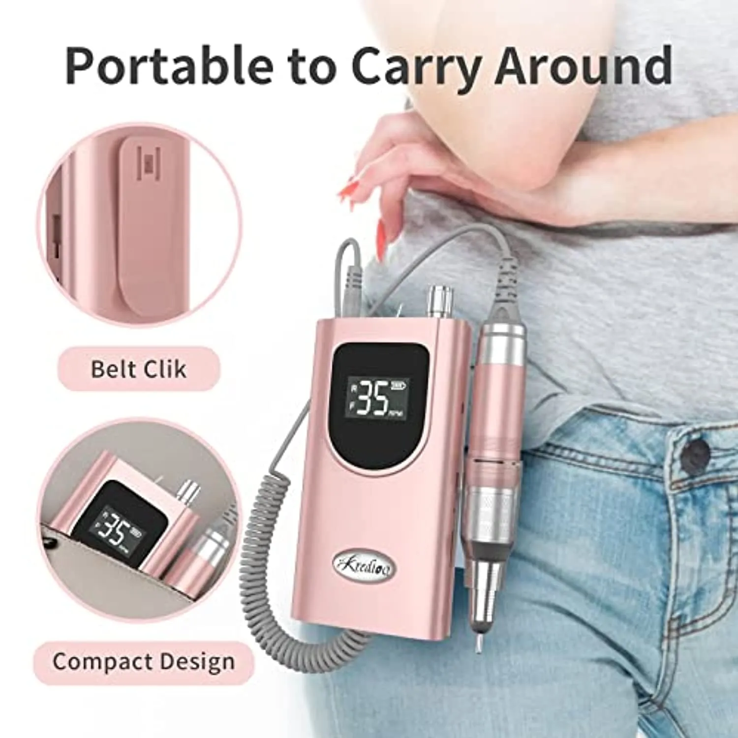 35000RPM Professional Nail Drill Machine, Kredioo Pro Electric Drill for Acrylic Nails Rechargeable Portable with 6 Bits, Sanding Bands, Cordless Efile for Gels Manicure Salon-PINK