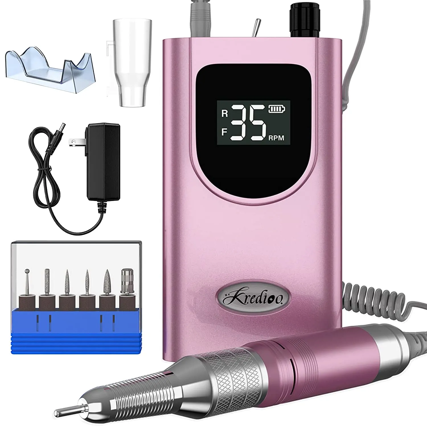 35000RPM Professional Nail Drill Machine, Kredioo Pro Electric Drill for Acrylic Nails Rechargeable Portable with 6 Bits, Sanding Bands, Cordless Efile for Gels Manicure Salon-PINK