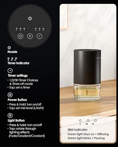 Airversa Waterless Diffuser Essential Oil 100ml Capacity Battery Operated Aromatherapy Nebulizer Premium Metal Scent Air Machine for Home 3 Mist Settings Timers Color Light Black