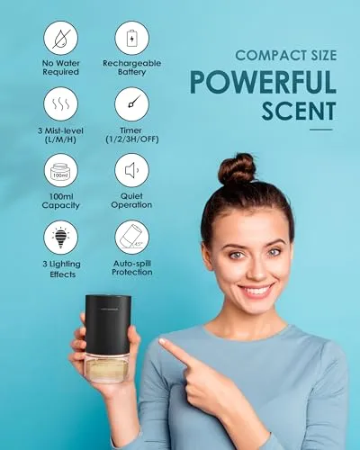 Airversa Waterless Diffuser Essential Oil 100ml Capacity Battery Operated Aromatherapy Nebulizer Premium Metal Scent Air Machine for Home 3 Mist Settings Timers Color Light Black