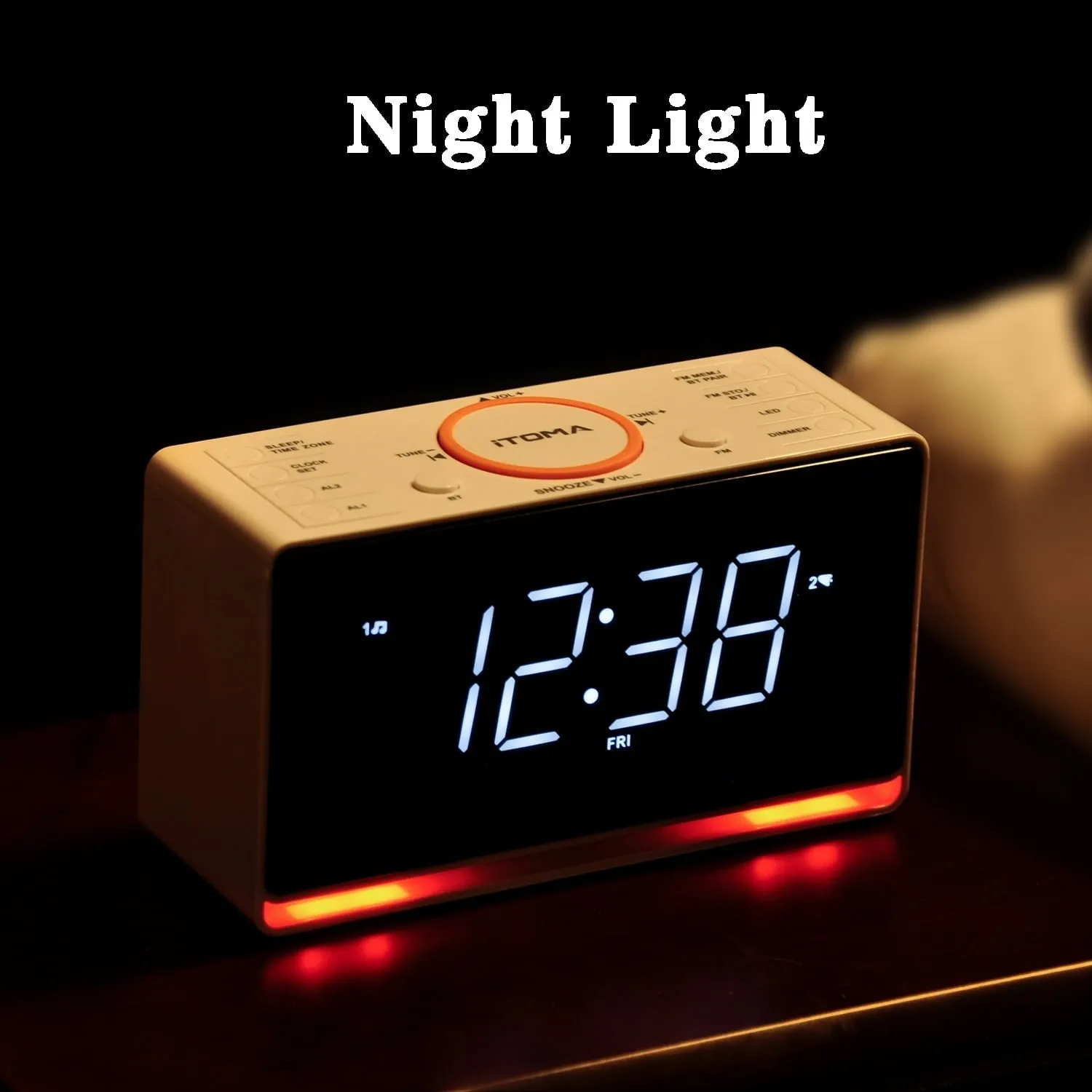 Alarm Clock Radio, 1.4" White LED Display Clock with Bluetooth, FM Radio, Dual Alarm, Sleep Timer, Snooze, Auto & Manual Dimmer, USB Charger and Night Light iTOMA CKS718