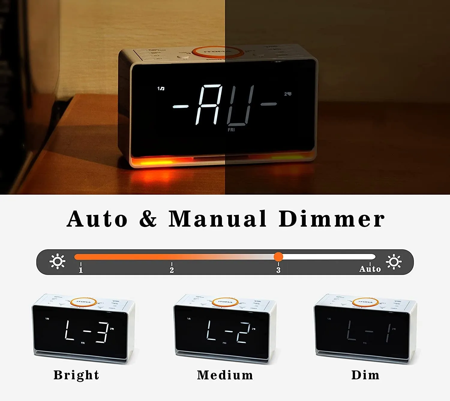Alarm Clock Radio, 1.4" White LED Display Clock with Bluetooth, FM Radio, Dual Alarm, Sleep Timer, Snooze, Auto & Manual Dimmer, USB Charger and Night Light iTOMA CKS718