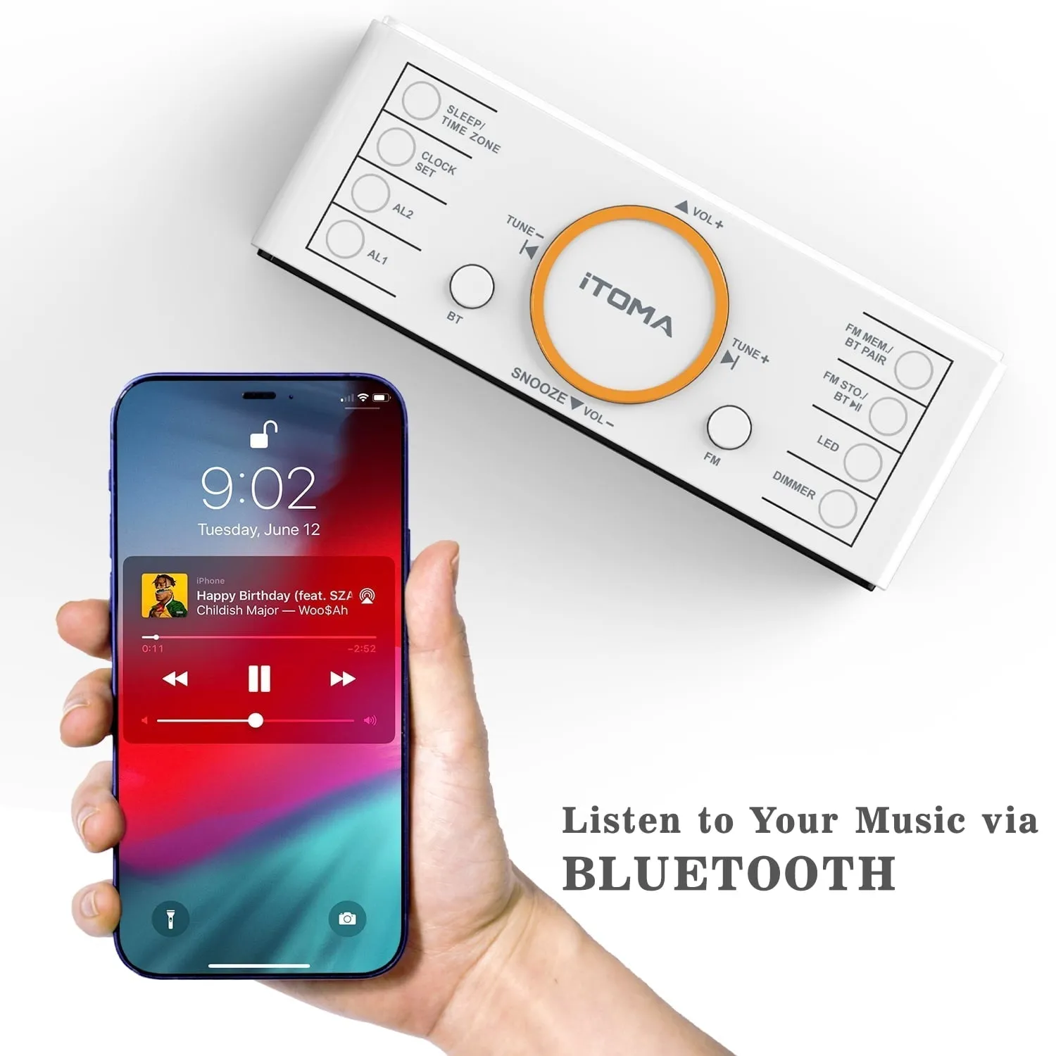 Alarm Clock Radio, 1.4" White LED Display Clock with Bluetooth, FM Radio, Dual Alarm, Sleep Timer, Snooze, Auto & Manual Dimmer, USB Charger and Night Light iTOMA CKS718