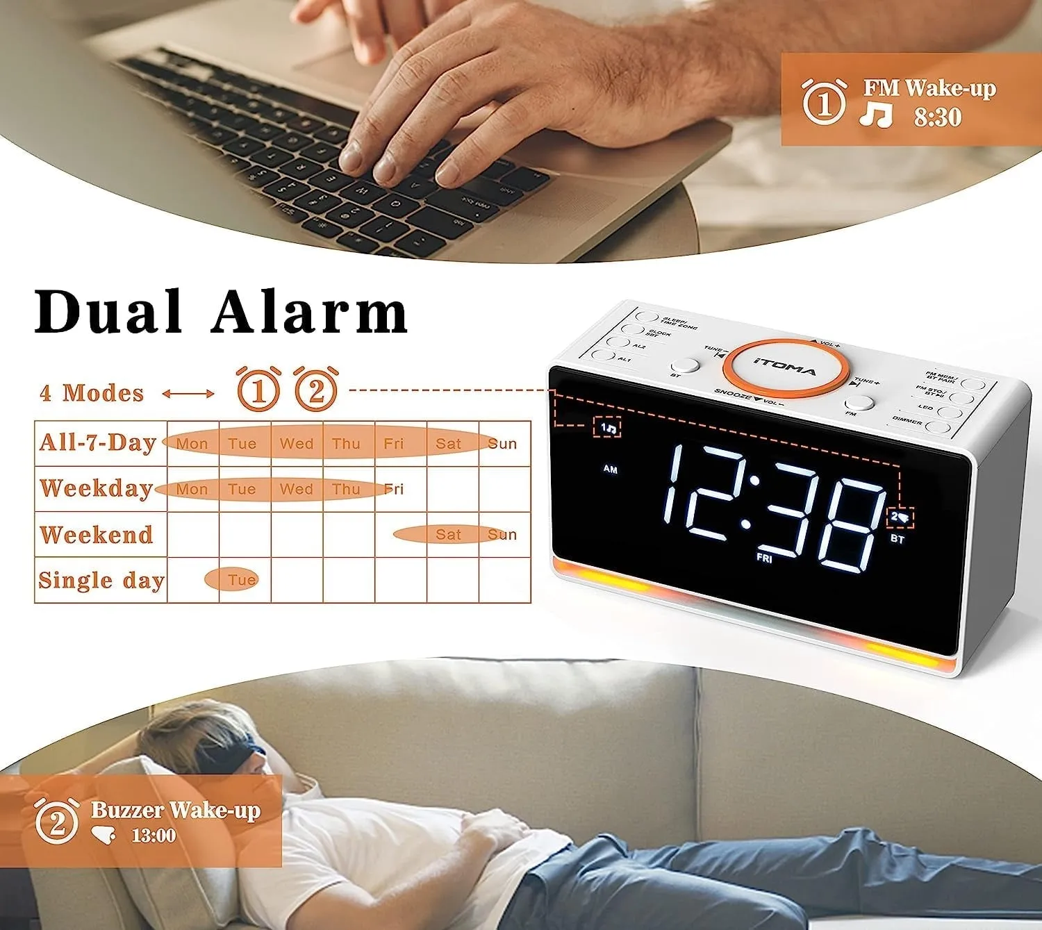 Alarm Clock Radio, 1.4" White LED Display Clock with Bluetooth, FM Radio, Dual Alarm, Sleep Timer, Snooze, Auto & Manual Dimmer, USB Charger and Night Light iTOMA CKS718