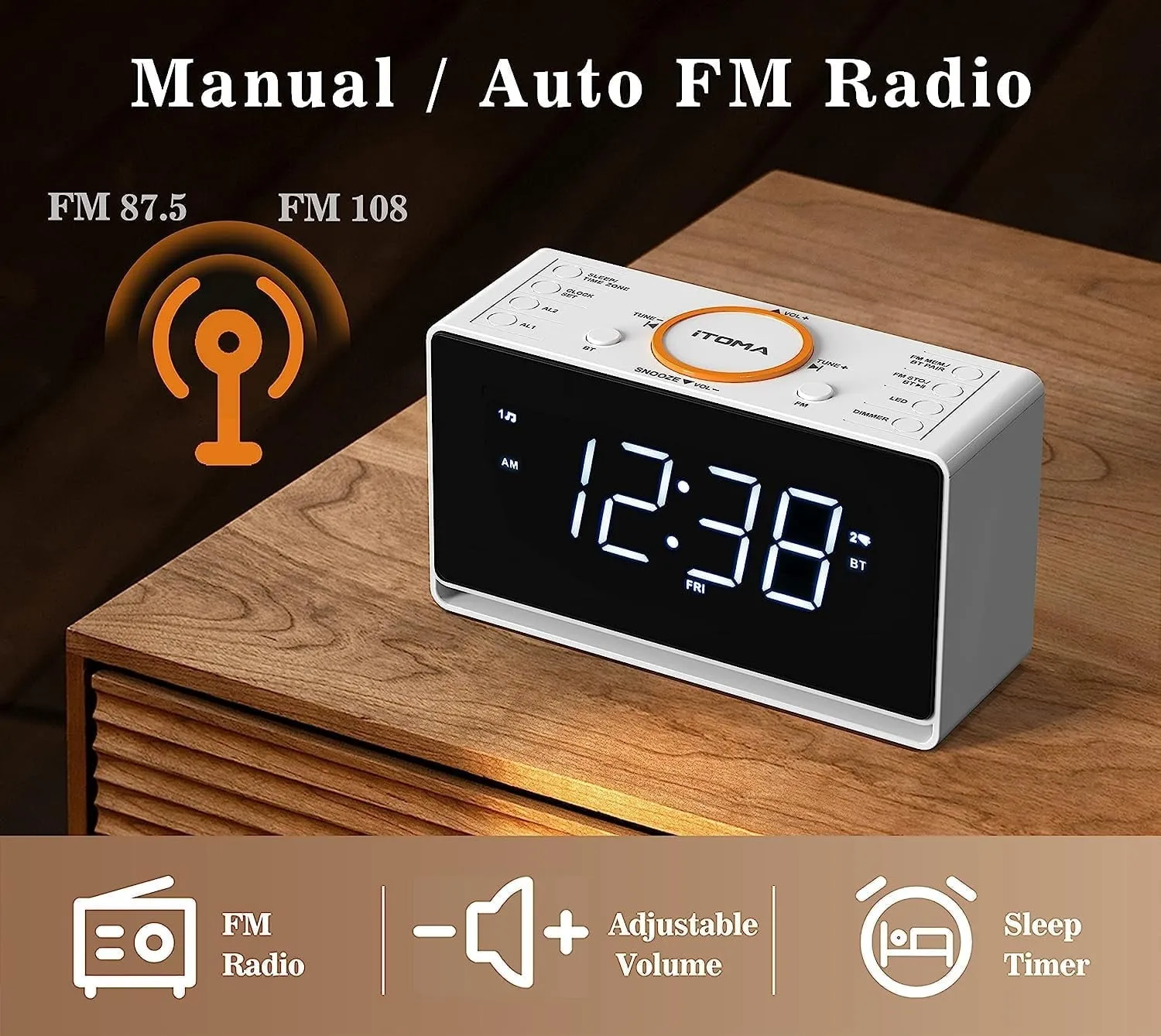Alarm Clock Radio, 1.4" White LED Display Clock with Bluetooth, FM Radio, Dual Alarm, Sleep Timer, Snooze, Auto & Manual Dimmer, USB Charger and Night Light iTOMA CKS718