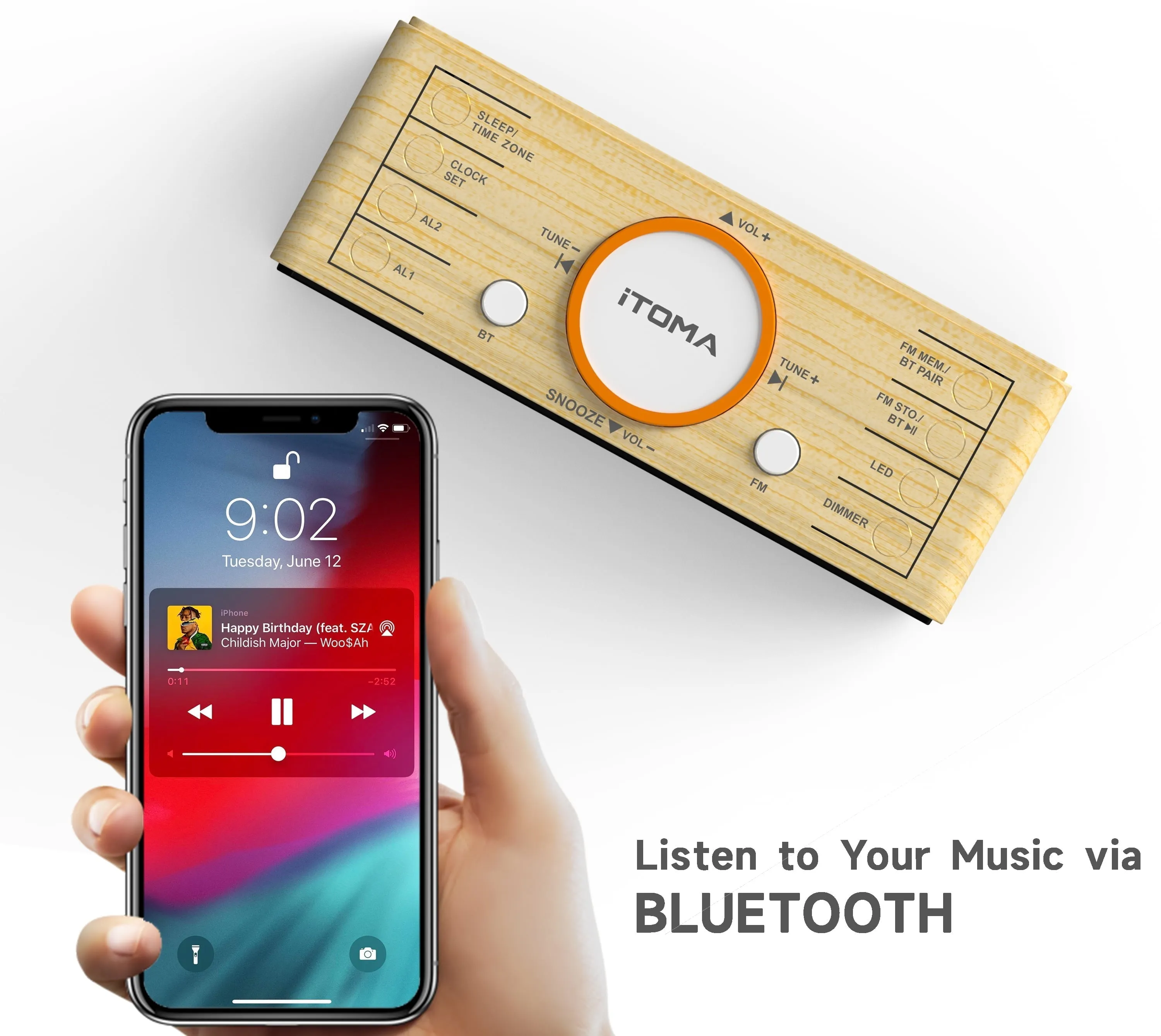 Alarm Clock Radio with Bluetooth Speaker, FM Radio, Dual Alarm with Snooze, Large LED Display, Dimmer Control, USB Charging Output and Night Light iTOMA