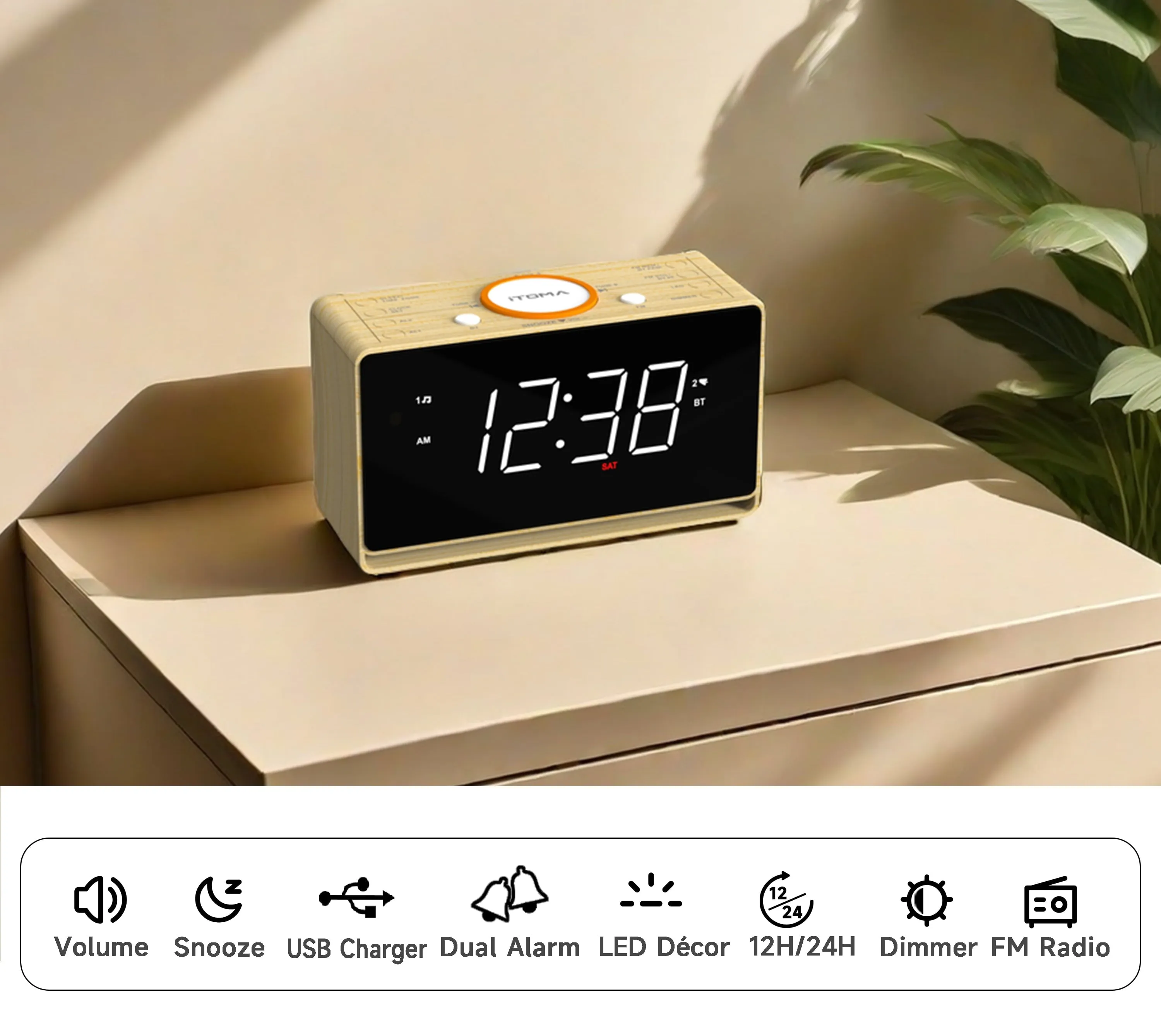 Alarm Clock Radio with Bluetooth Speaker, FM Radio, Dual Alarm with Snooze, Large LED Display, Dimmer Control, USB Charging Output and Night Light iTOMA