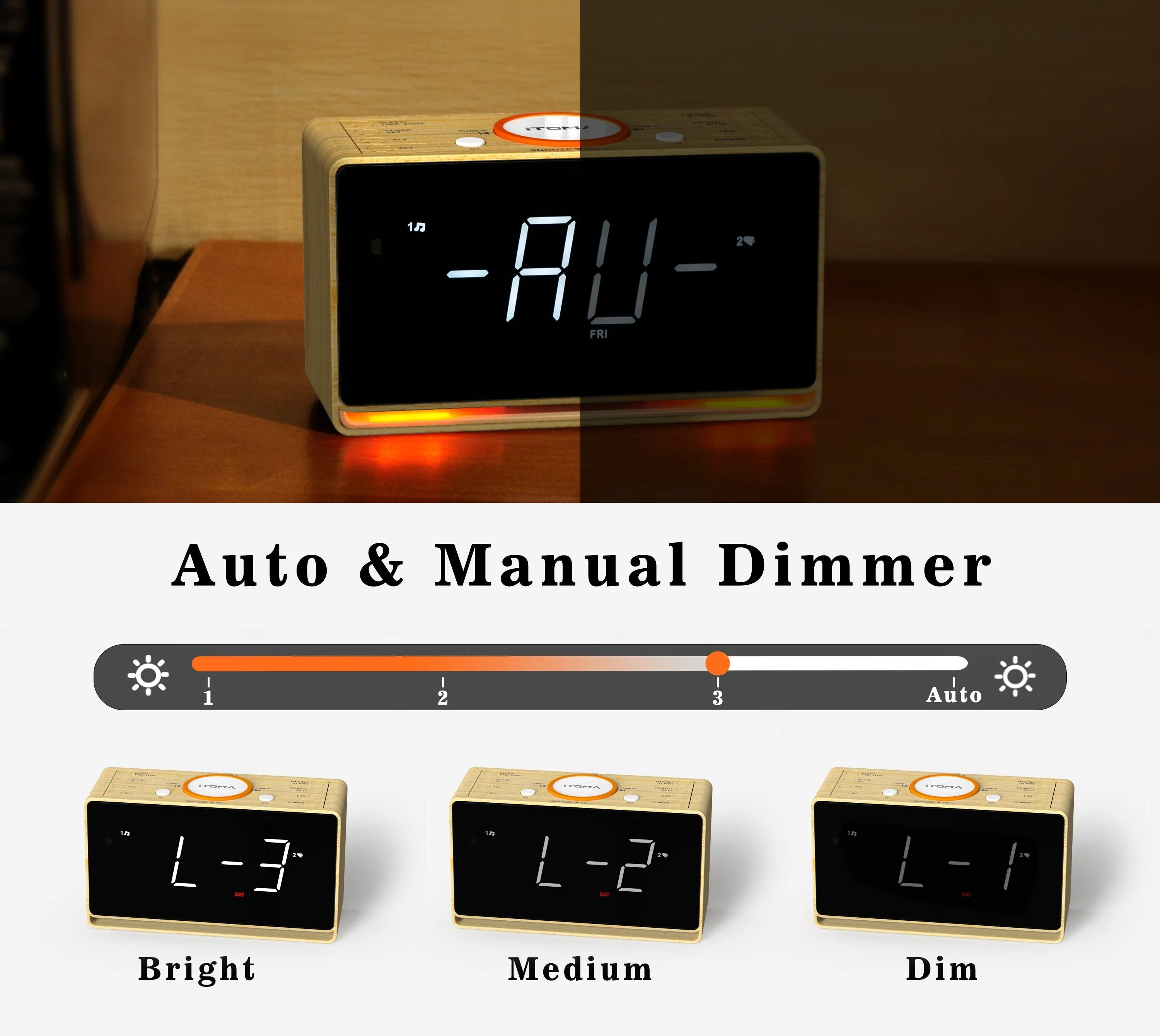 Alarm Clock Radio with Bluetooth Speaker, FM Radio, Dual Alarm with Snooze, Large LED Display, Dimmer Control, USB Charging Output and Night Light iTOMA