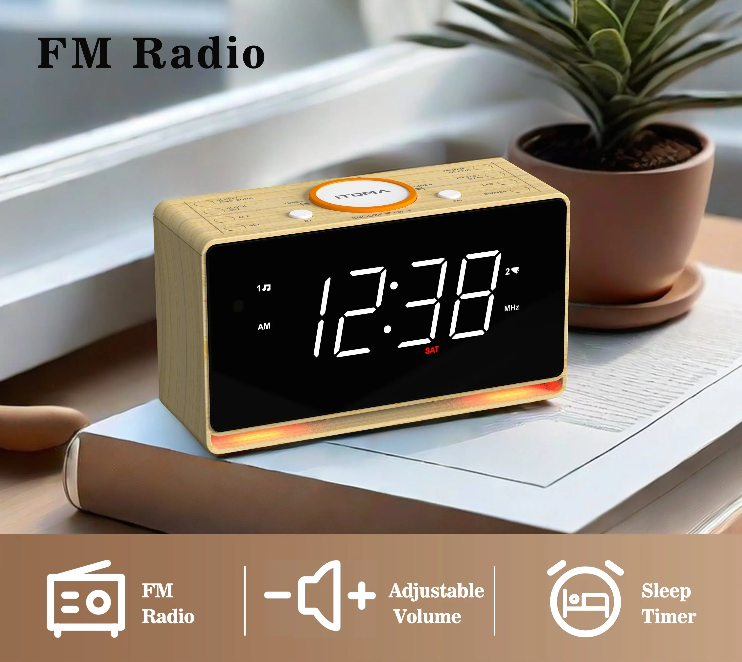Alarm Clock Radio with Bluetooth Speaker, FM Radio, Dual Alarm with Snooze, Large LED Display, Dimmer Control, USB Charging Output and Night Light iTOMA