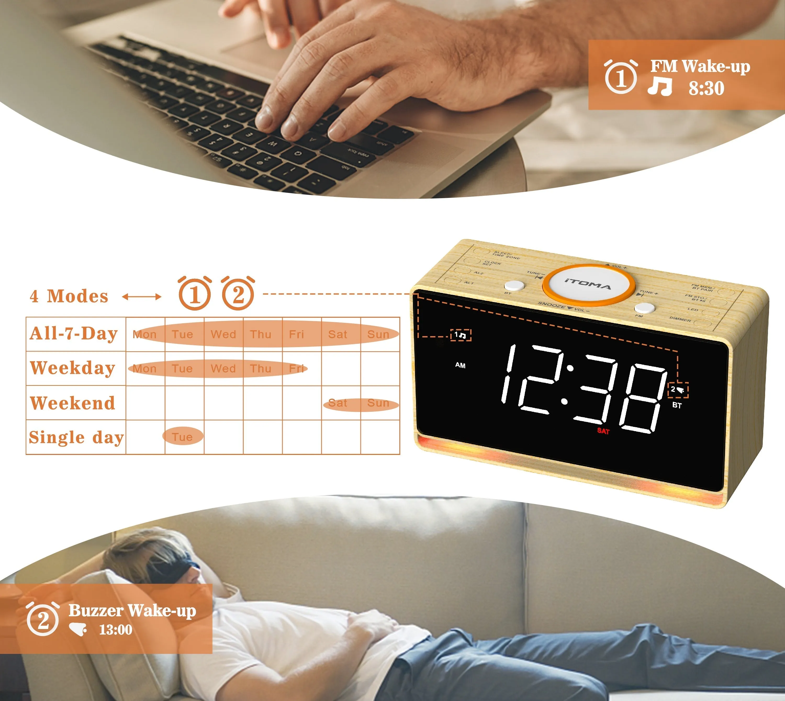 Alarm Clock Radio with Bluetooth Speaker, FM Radio, Dual Alarm with Snooze, Large LED Display, Dimmer Control, USB Charging Output and Night Light iTOMA