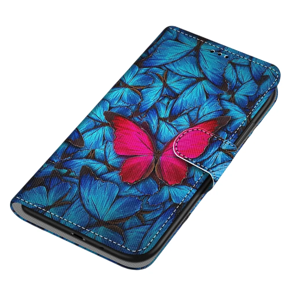 Anymob Samsung Case Blue and Red Butterfly Magnetic Flip Leather Card Slot Wallet Phone Cover Protection