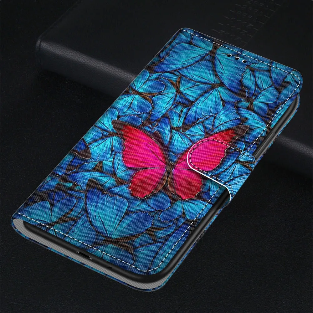 Anymob Samsung Case Blue and Red Butterfly Magnetic Flip Leather Card Slot Wallet Phone Cover Protection