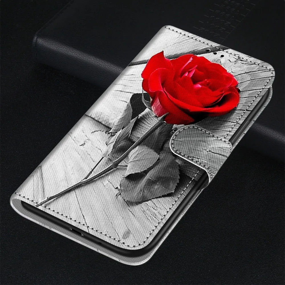 Anymob Samsung Case Gray and Red Rose Magnetic Flip Leather Card Slot Wallet Phone Cover Protection