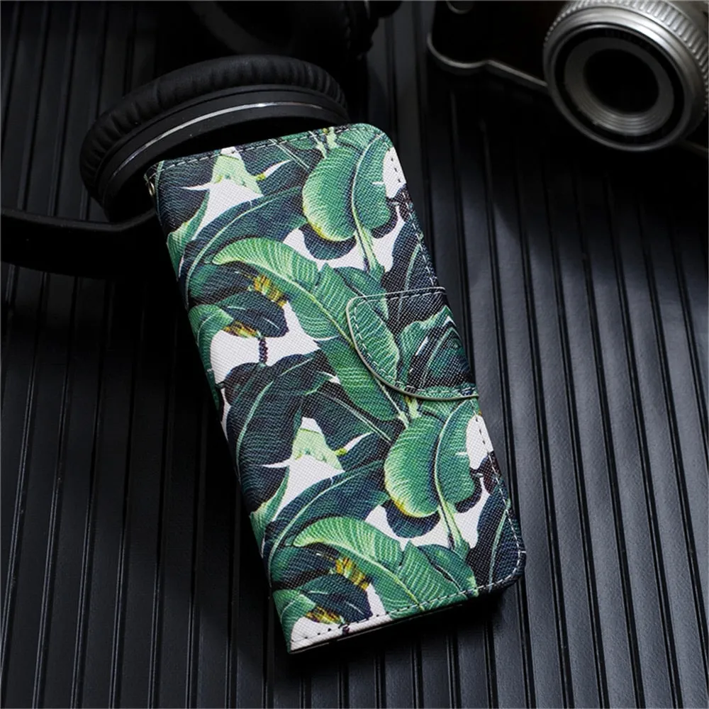 Anymob Samsung Case Green Banana Leaf Design Flip Leather Wallet Phone Cover Protection