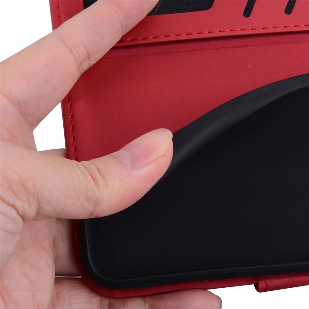 Anymob Xiaomi Redmi Red and Black Cat Flip Case Leather Phone Wallet Cover Protection