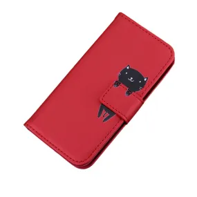 Anymob Xiaomi Redmi Red and Black Cat Flip Case Leather Phone Wallet Cover Protection