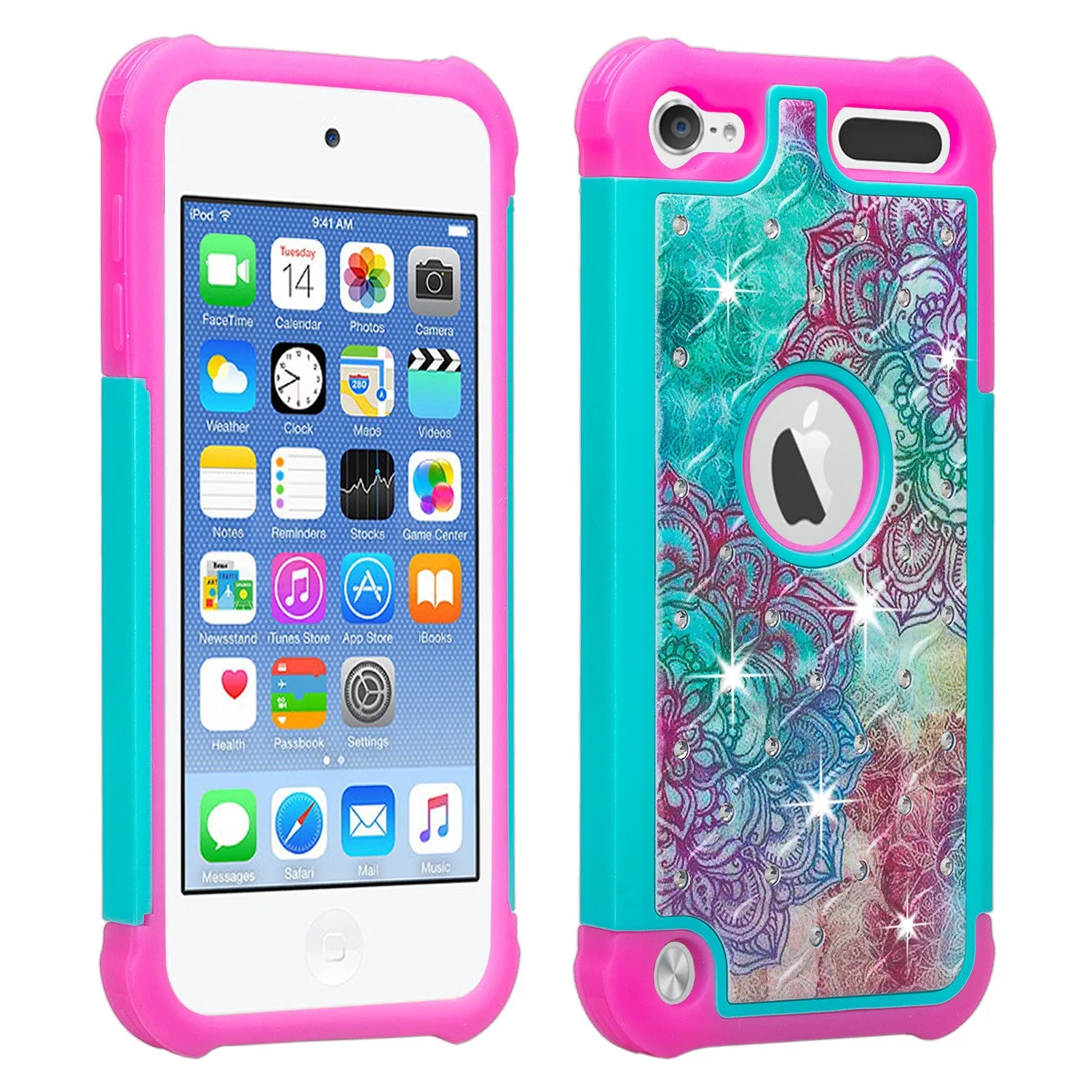 Apple iPod Touch 5 / Touch 6 Diamond Rhinestone Studded [Impact/Shock Resistant] Hybrid Dual Layer Case for Apple iPod Touch 5 / Touch 6 - Teal Flower
