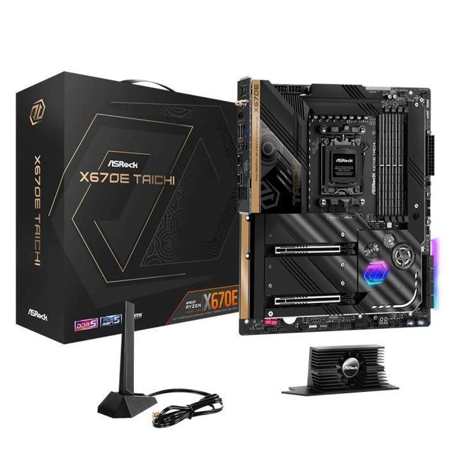 ASRock X670E Taichi AM5 EATX Mainboard. 4xDDR5 slots, 2 x PCIe 5.0 x16 Slots , AMD Cross Fire, Quad M.2 slots, 2.5GB LAN, WIFI-6E, 5,1 HD audio, HDMI 2.1, DP 1.4 ports, USB4 Type-C, 8 Layber PCB, 24 2 1 Phase Power Design, SPS