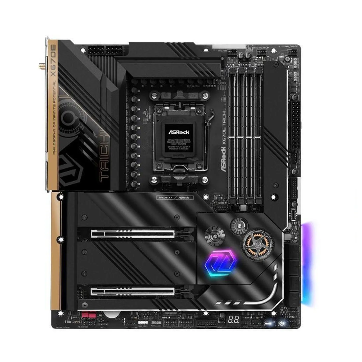 ASRock X670E Taichi AM5 EATX Mainboard. 4xDDR5 slots, 2 x PCIe 5.0 x16 Slots , AMD Cross Fire, Quad M.2 slots, 2.5GB LAN, WIFI-6E, 5,1 HD audio, HDMI 2.1, DP 1.4 ports, USB4 Type-C, 8 Layber PCB, 24 2 1 Phase Power Design, SPS