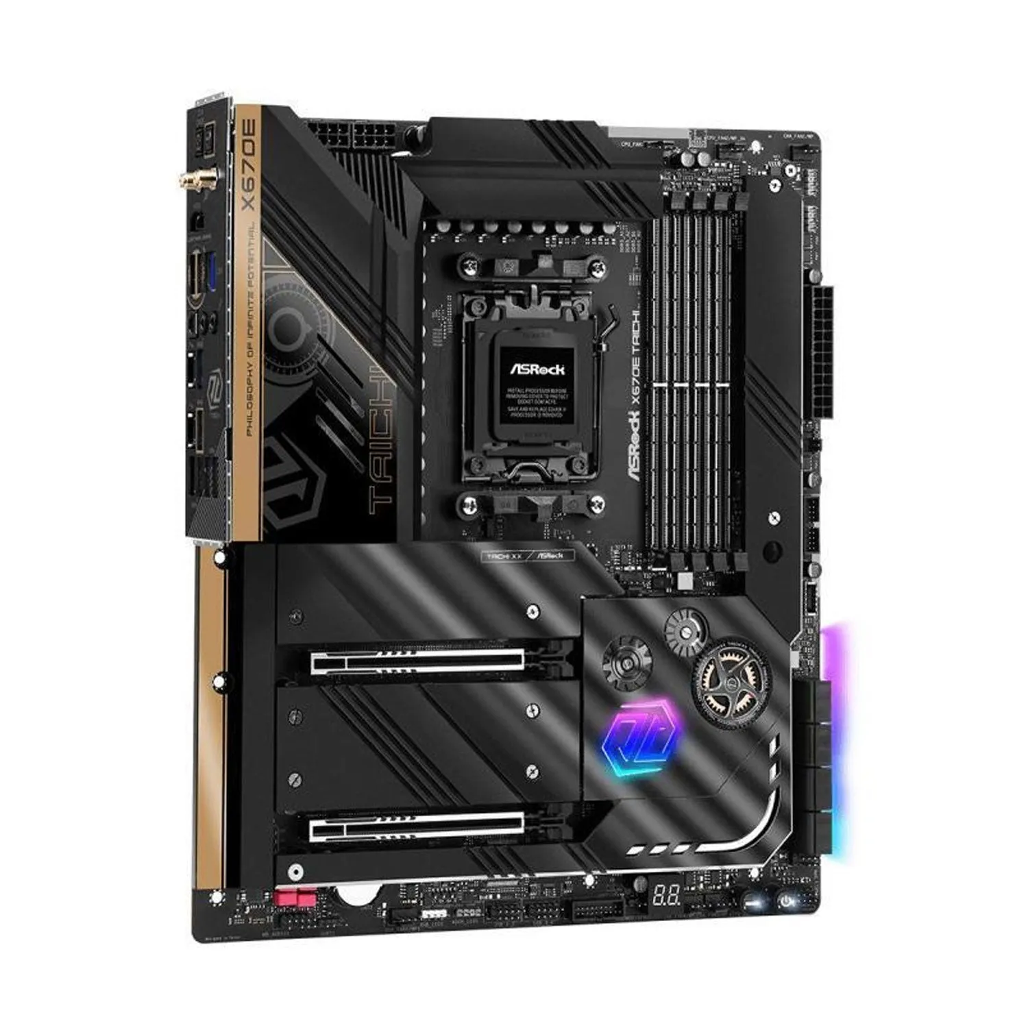 ASRock X670E Taichi AM5 EATX Mainboard. 4xDDR5 slots, 2 x PCIe 5.0 x16 Slots , AMD Cross Fire, Quad M.2 slots, 2.5GB LAN, WIFI-6E, 5,1 HD audio, HDMI 2.1, DP 1.4 ports, USB4 Type-C, 8 Layber PCB, 24 2 1 Phase Power Design, SPS