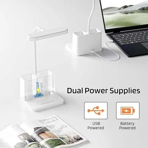 AXX Small Desk Lamps for Home Office, White Desk Light for Kids, LED Desktop/Computer Study Lamps for Bedrooms, Rechargeable, Pen Holder, Mini, Adjustable Gooseneck Table Lamp for College Dorm Room