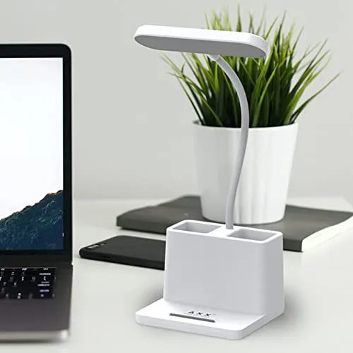 AXX Small Desk Lamps for Home Office, White Desk Light for Kids, LED Desktop/Computer Study Lamps for Bedrooms, Rechargeable, Pen Holder, Mini, Adjustable Gooseneck Table Lamp for College Dorm Room