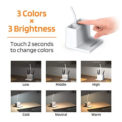 AXX Small Desk Lamps for Home Office, White Desk Light for Kids, LED Desktop/Computer Study Lamps for Bedrooms, Rechargeable, Pen Holder, Mini, Adjustable Gooseneck Table Lamp for College Dorm Room