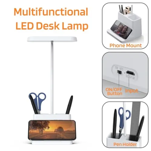 AXX Small Desk Lamps for Home Office, White Desk Light for Kids, LED Desktop/Computer Study Lamps for Bedrooms, Rechargeable, Pen Holder, Mini, Adjustable Gooseneck Table Lamp for College Dorm Room