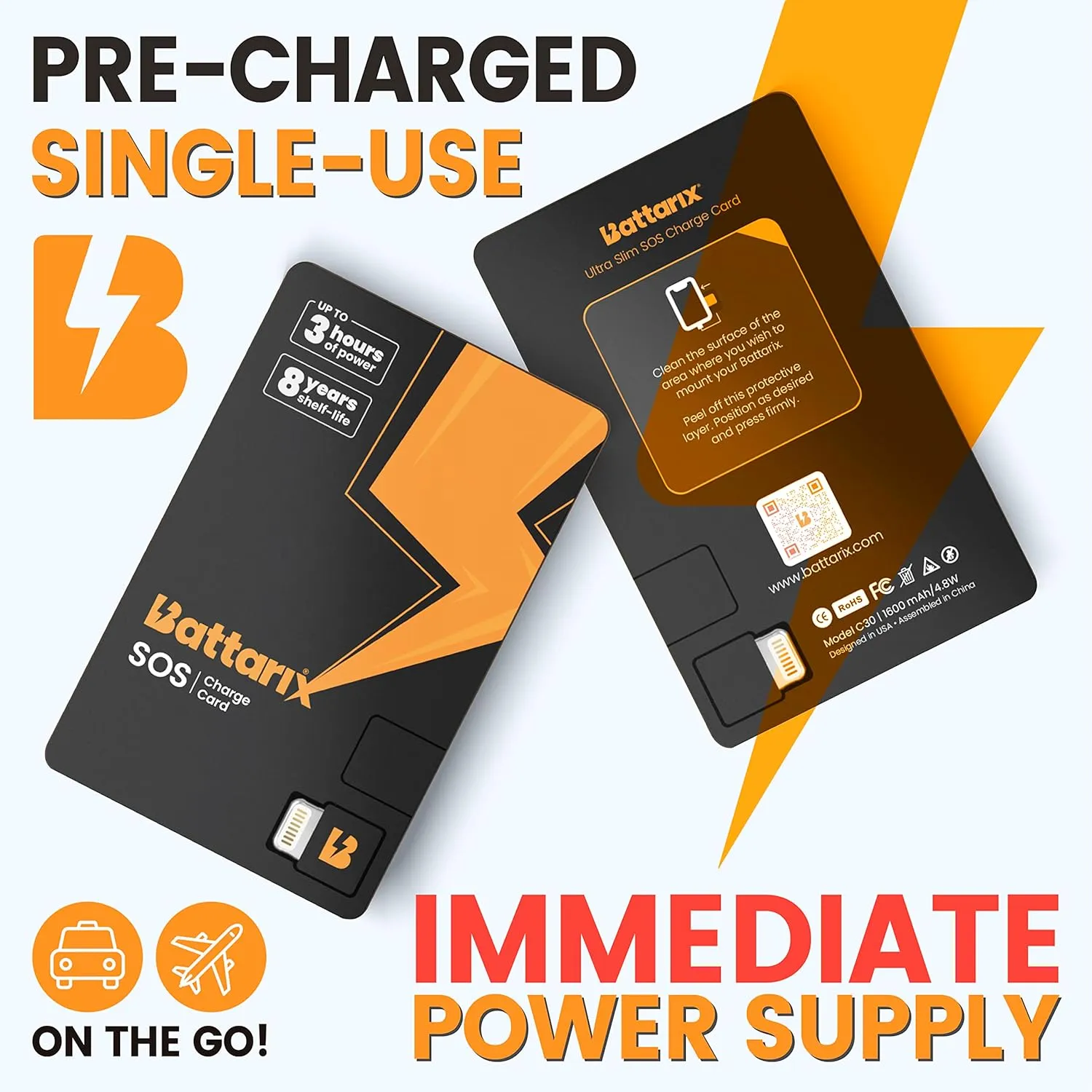 BATTARIX SOS Charge Card - Ultra-Thin Credit Card Sized Portable Charger & Battery Bank - External Battery Lightning Phone Charger for Android and iPhone Models (Single Use, Pre Charged)