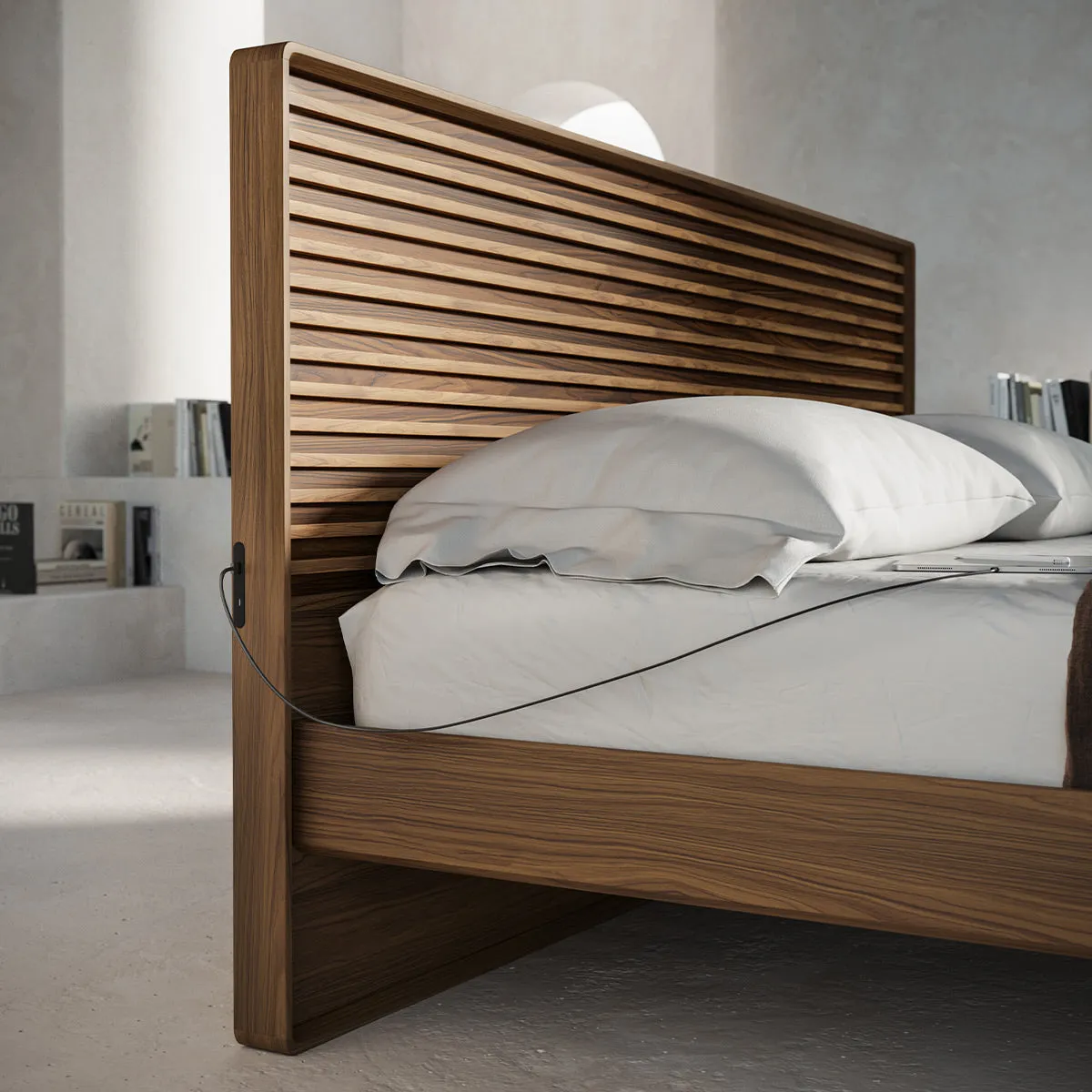 BDI Cross-LINQ 9129 King Size Bed with Slatted Headboard and Integrated Charging Stations (Natural Walnut)