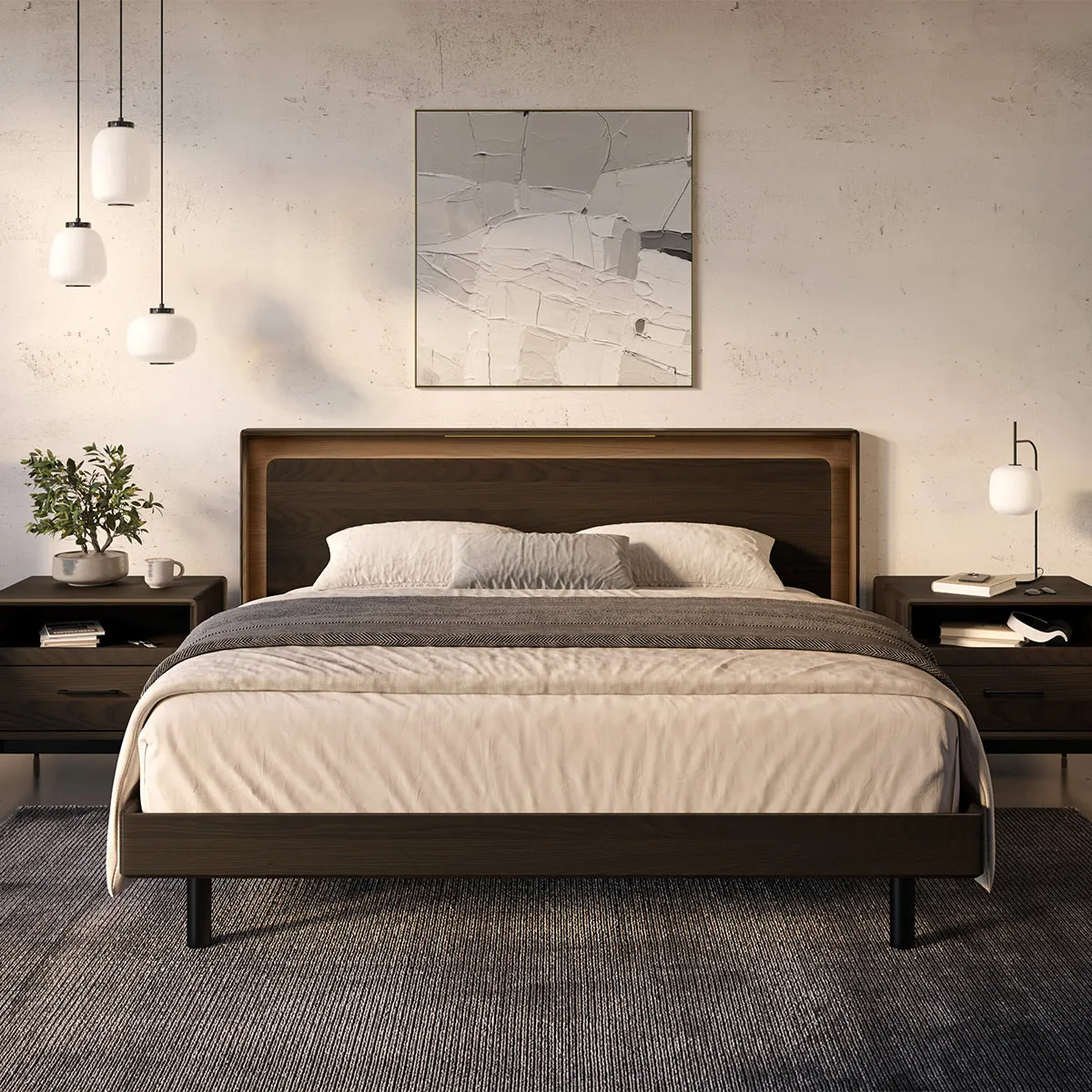 BDI Up-LINQ 9117 Queen Size Bed with Dual-Level Headboard, Dimmable Accent Lighting, and Integrated Power Stations (Toasted Oak)