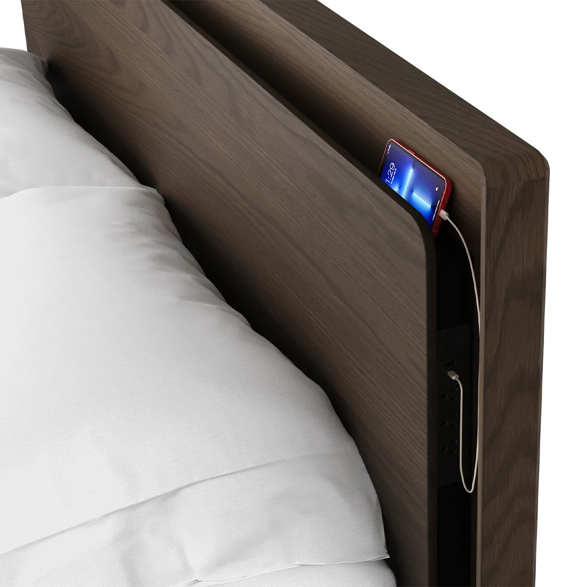 BDI Up-LINQ 9117 Queen Size Bed with Dual-Level Headboard, Dimmable Accent Lighting, and Integrated Power Stations (Toasted Oak)