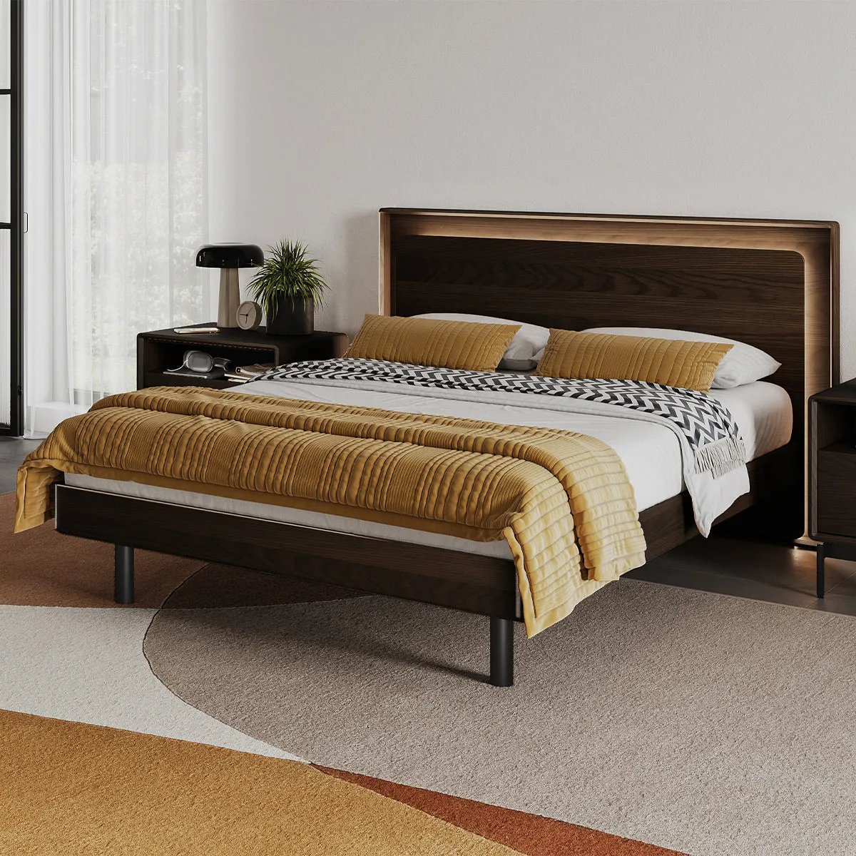 BDI Up-LINQ 9117 Queen Size Bed with Dual-Level Headboard, Dimmable Accent Lighting, and Integrated Power Stations (Toasted Oak)