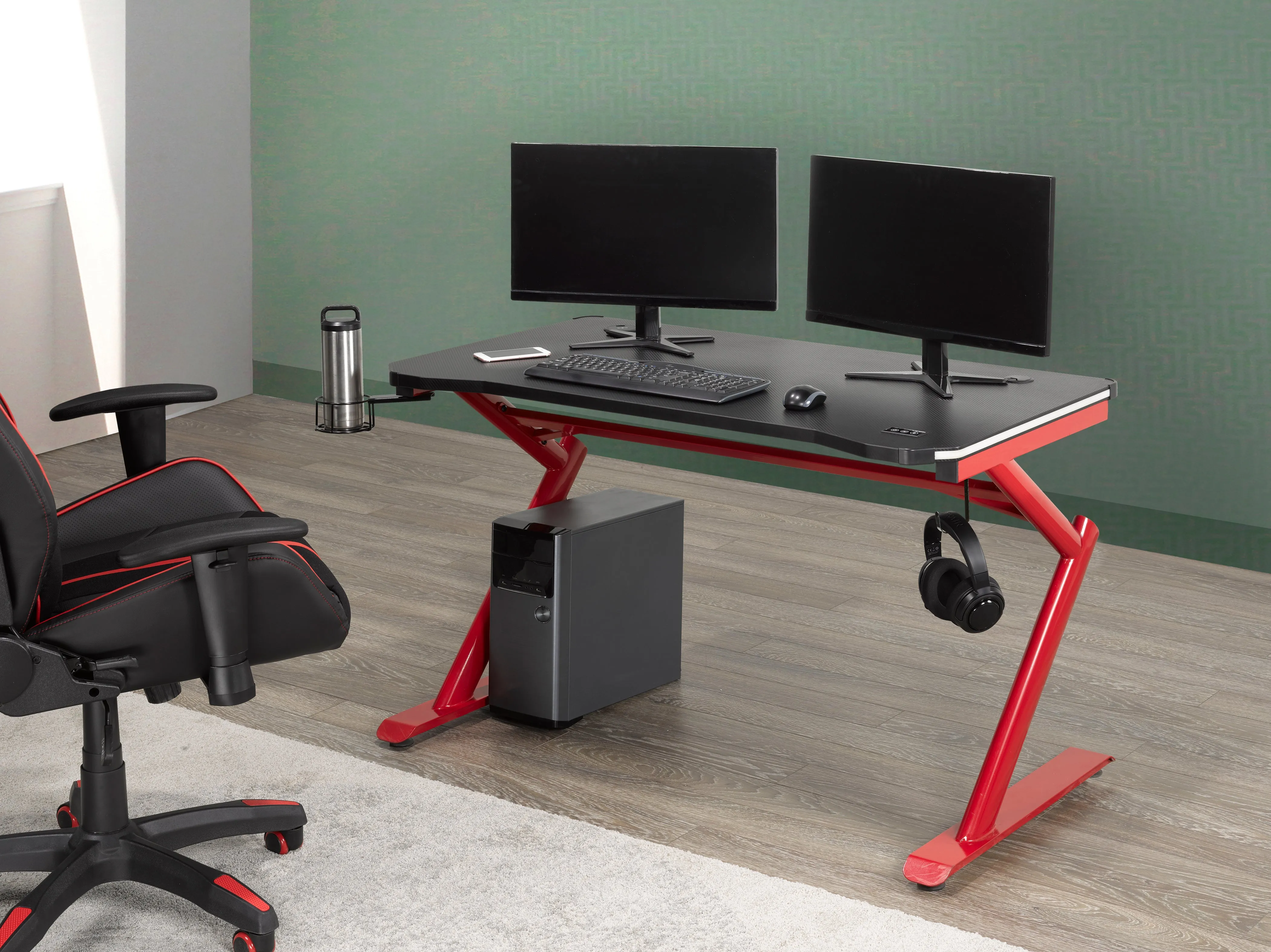 Black & Red Gaming Office Desk With LED, Touch Control, Wireless Charging Ports, Cup & Headset Holders- Model #8028B