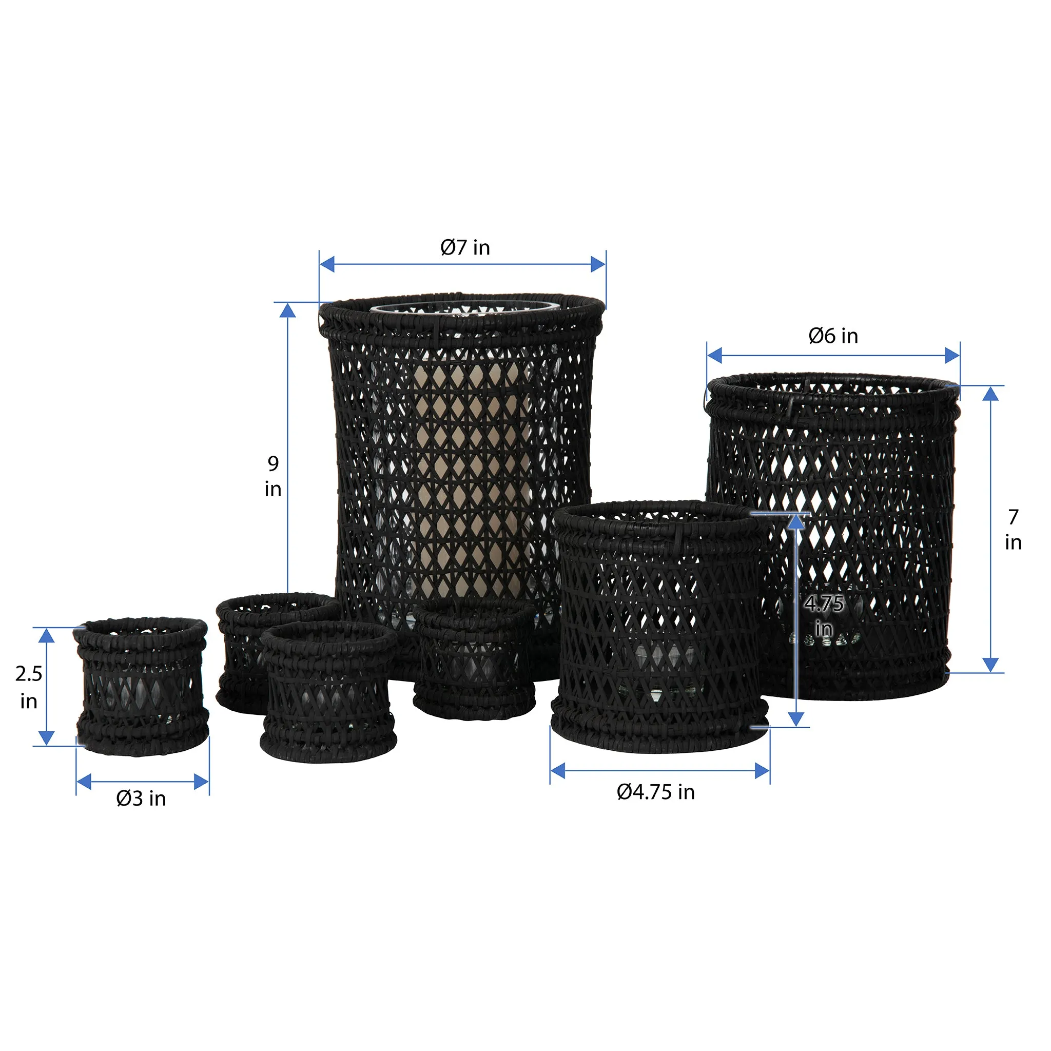 Cabo Hurricane Decorative Rattan Candle Holders, Black