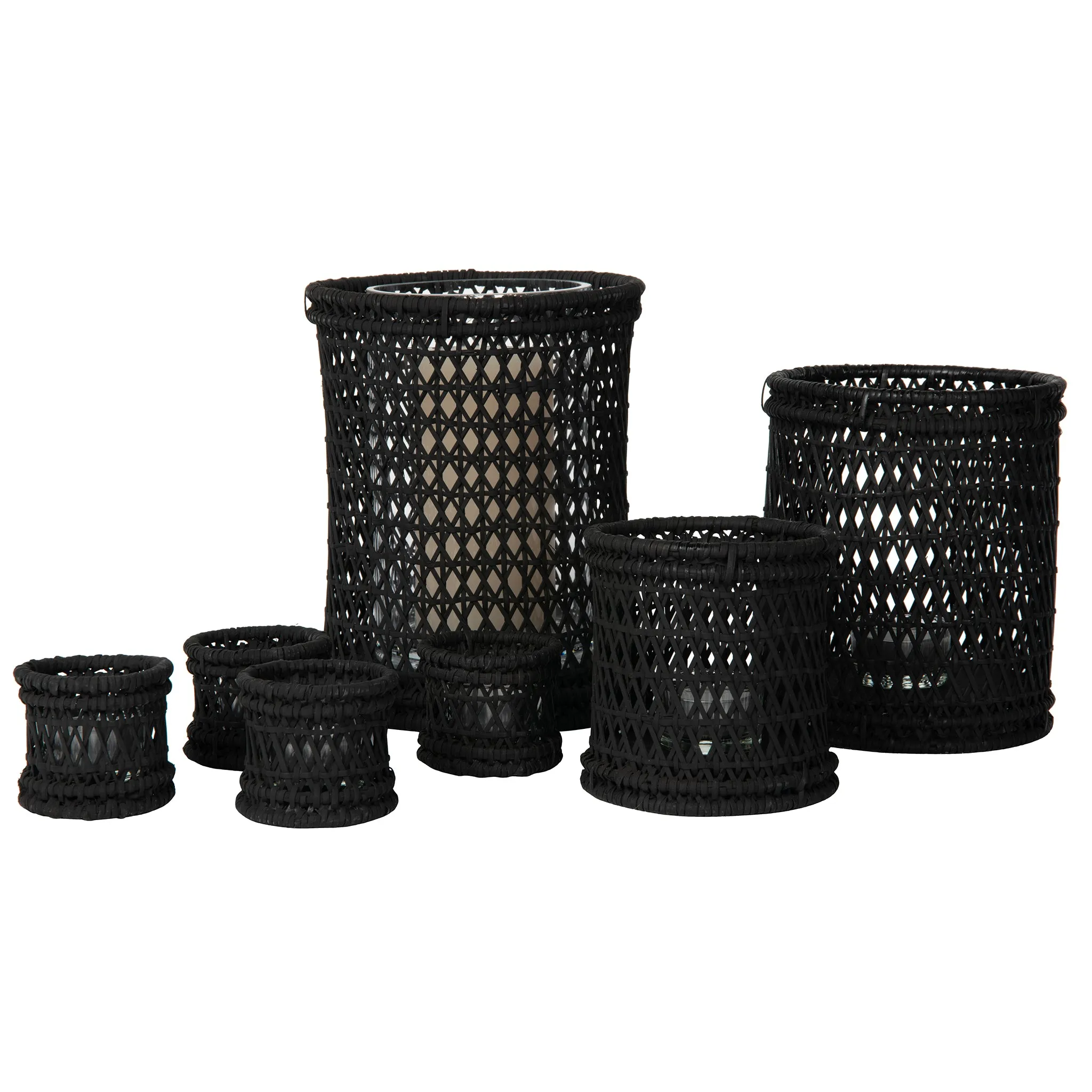 Cabo Hurricane Decorative Rattan Candle Holders, Black