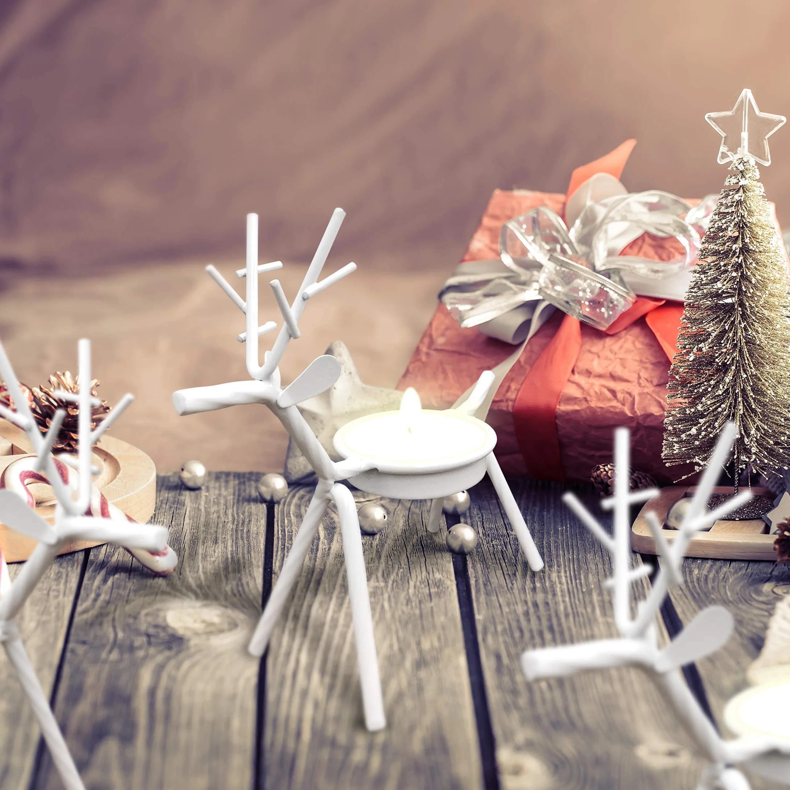Christmas Home Decor - Holiday Reindeer White Metal Tea Light Candle Holder Table Decorations and Centerpieces, Set of 6