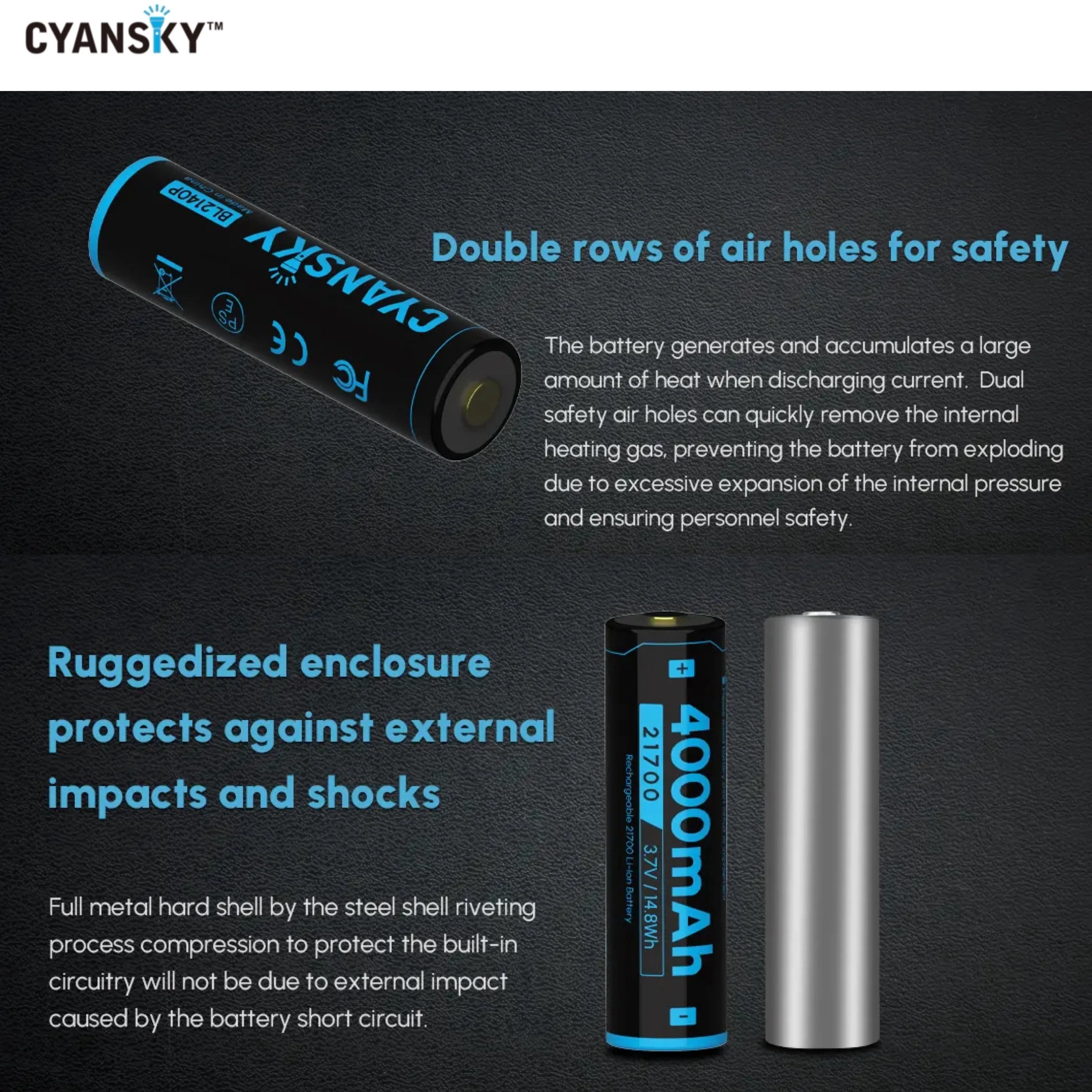 Cyansky BL2140P 21700 4000mAh 3.7V 35A High Drain Li-ion Rechargeable Battery