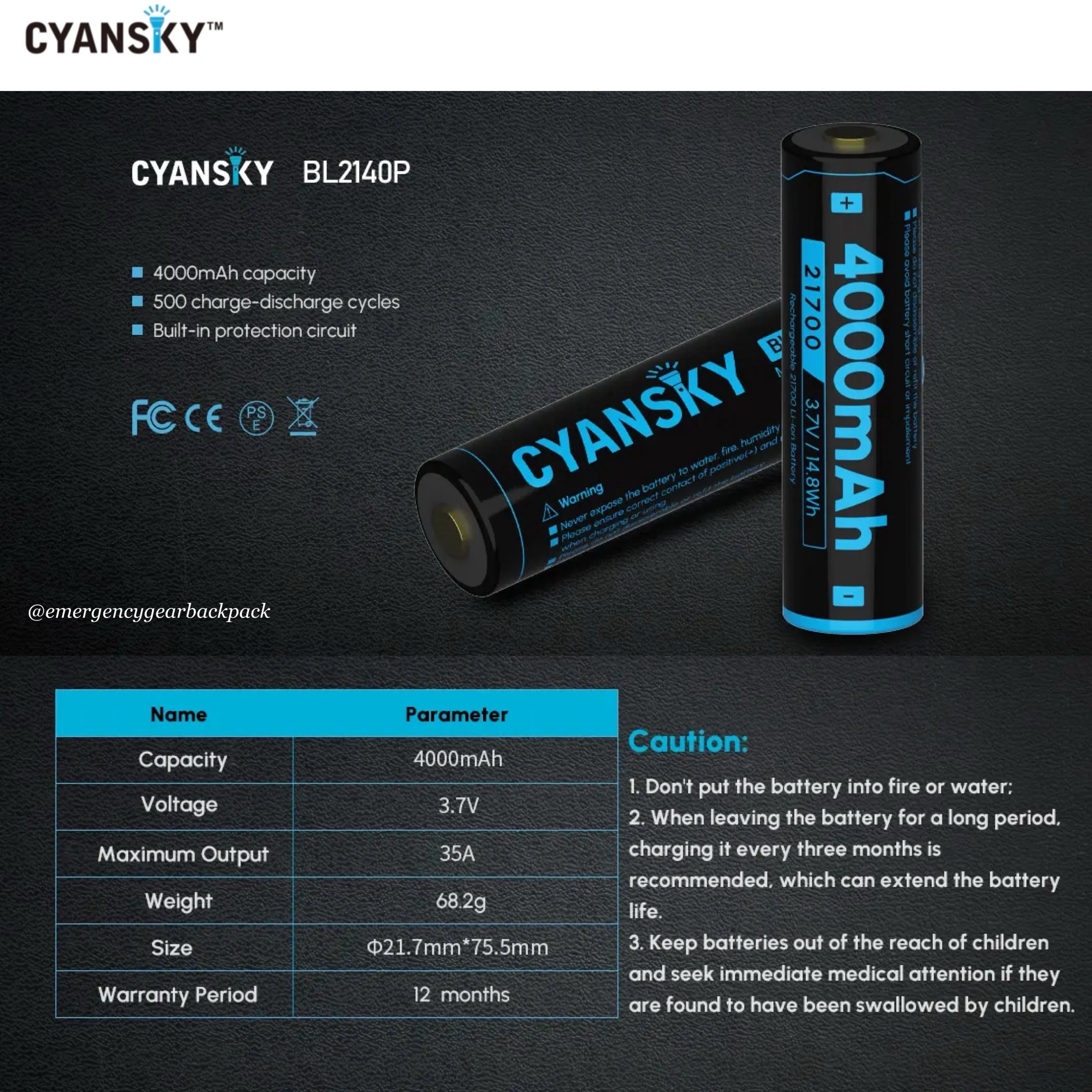 Cyansky BL2140P 21700 4000mAh 3.7V 35A High Drain Li-ion Rechargeable Battery