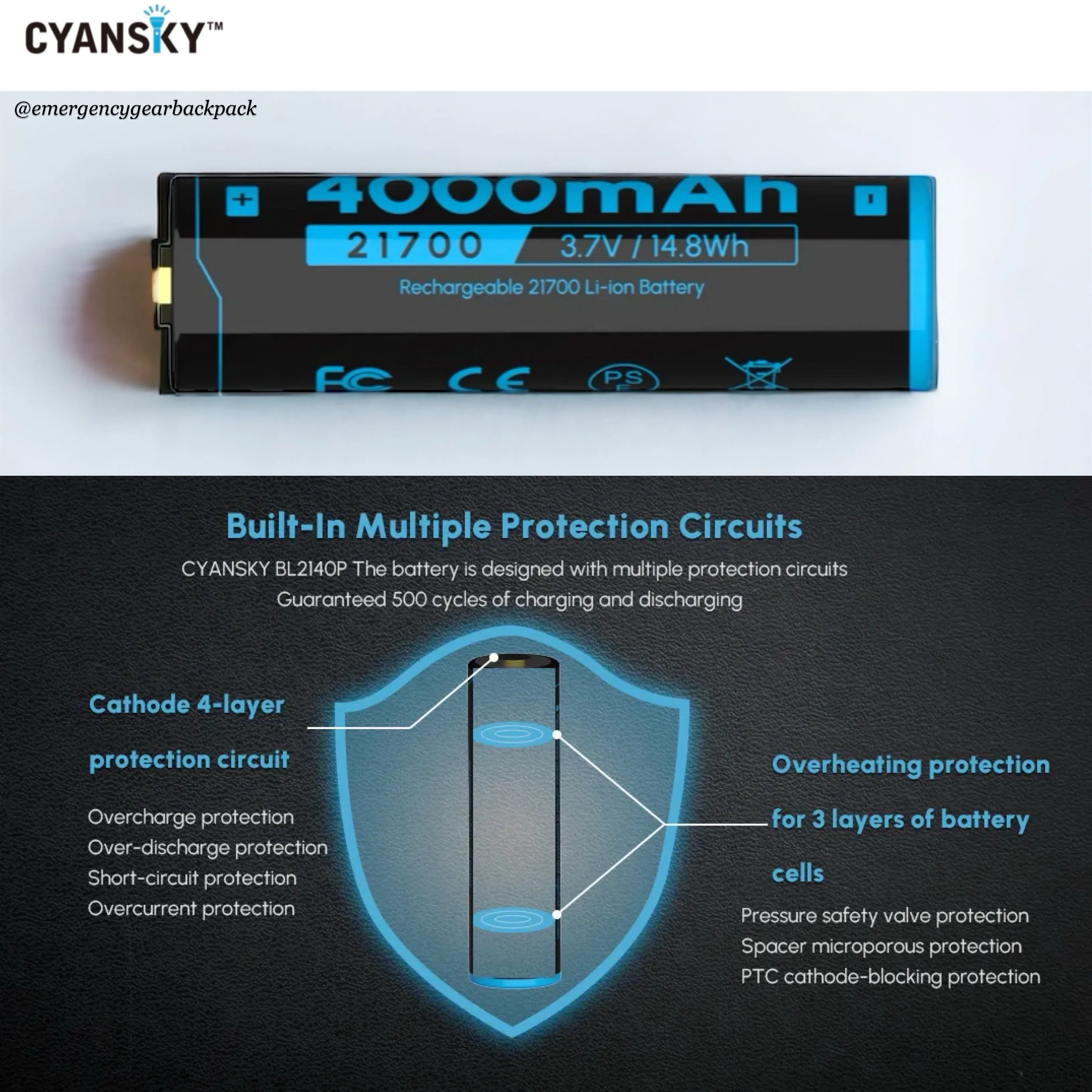 Cyansky BL2140P 21700 4000mAh 3.7V 35A High Drain Li-ion Rechargeable Battery