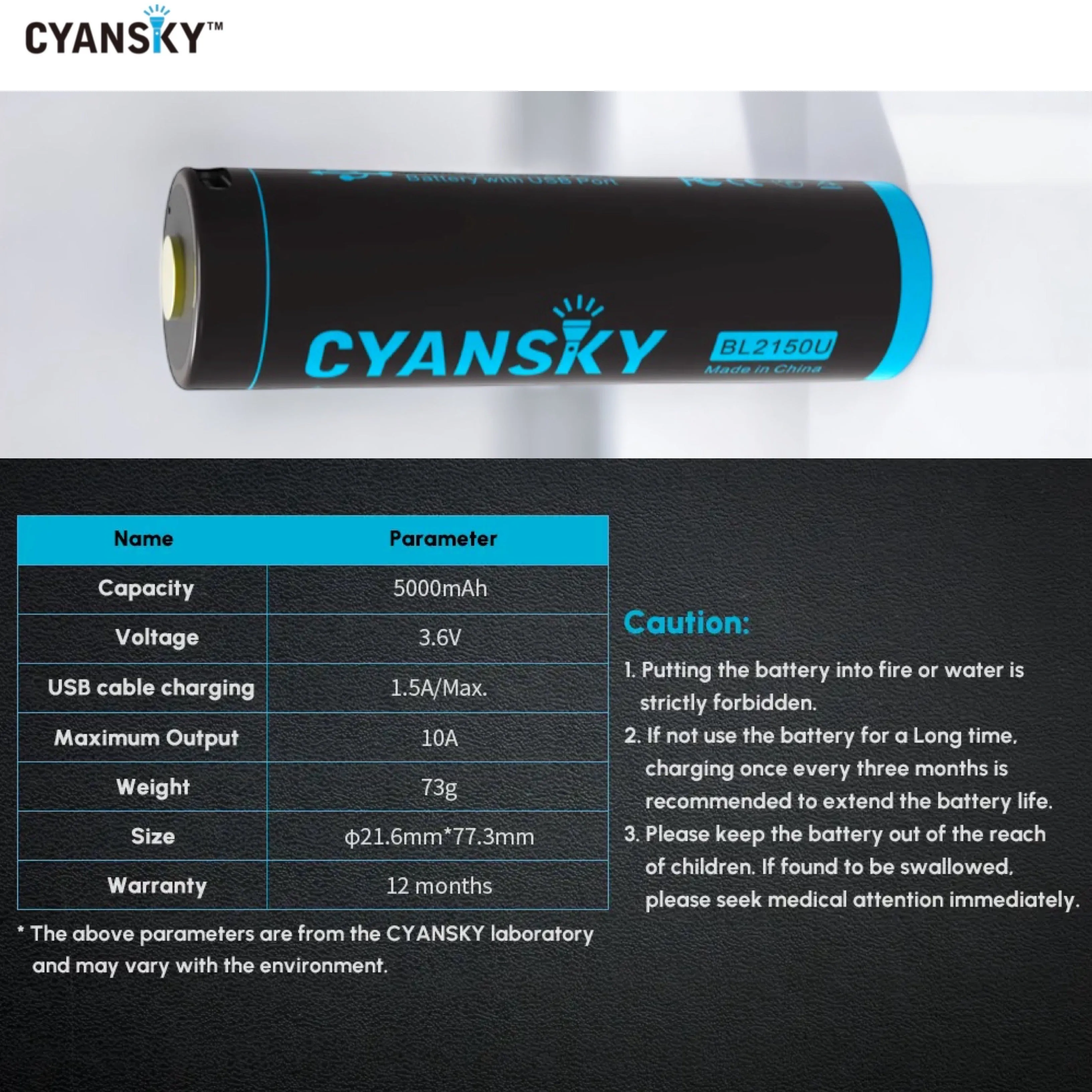 Cyansky BL2150U 21700 5000mAh 3.6V 10A Li-ion Rechargeable Battery