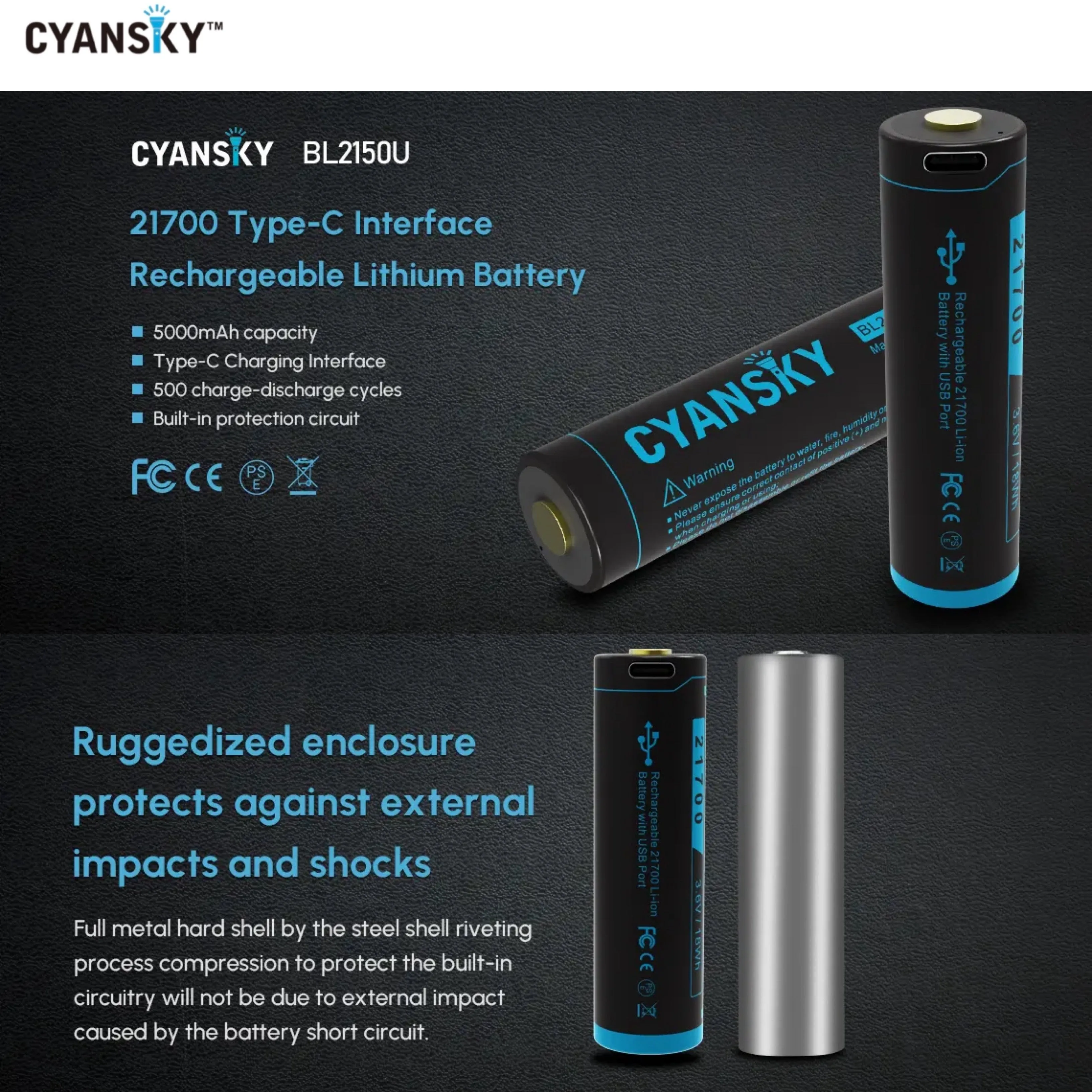 Cyansky BL2150U 21700 5000mAh 3.6V 10A Li-ion Rechargeable Battery