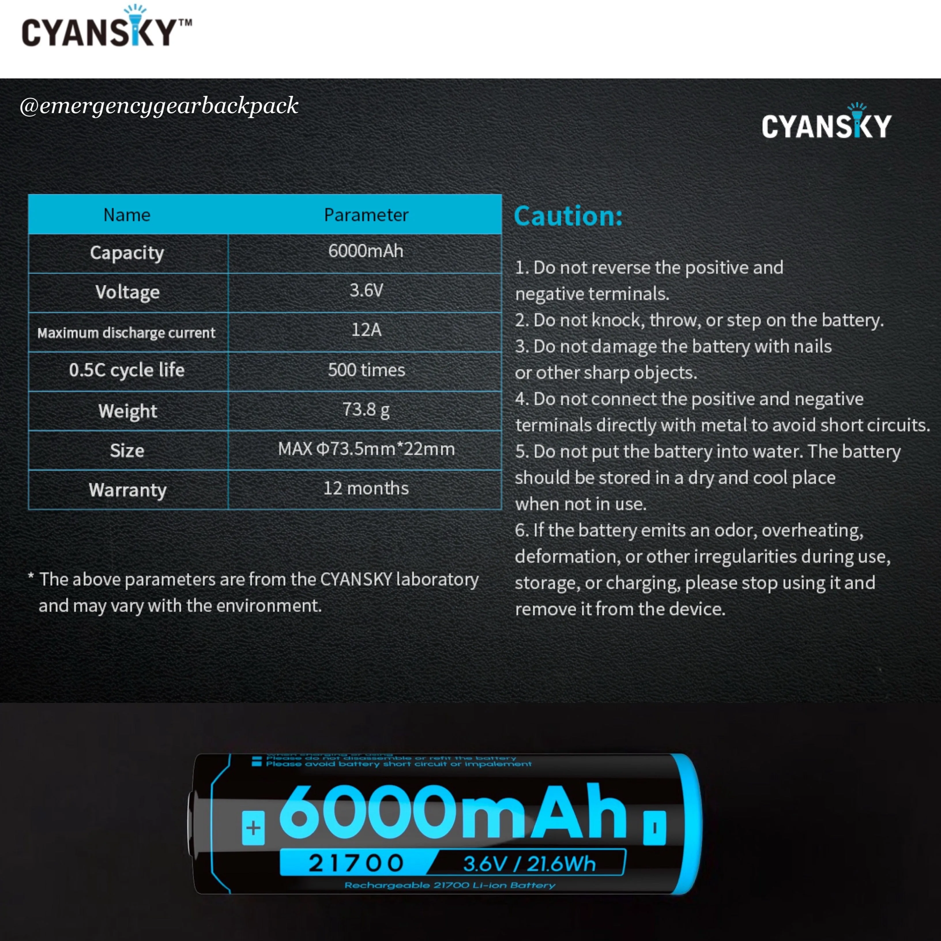 Cyansky BL2160U 21700 6000mAh 3.6V 12A Li-ion Rechargeable Battery